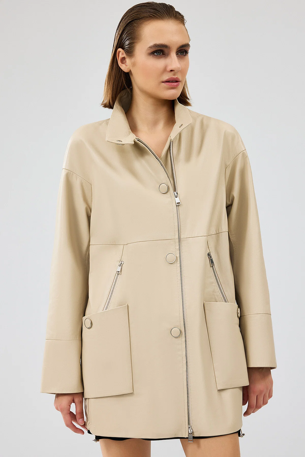 Dalida Kadın Krem Oversize Deri Ceket - Image 3