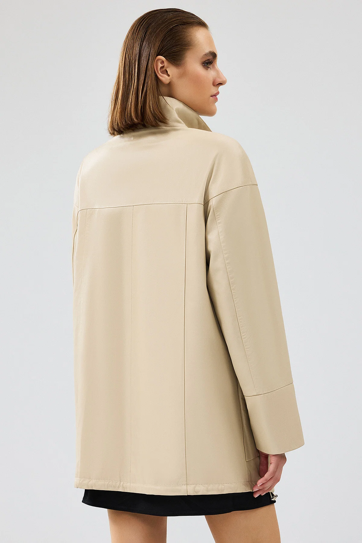 Dalida Kadın Krem Oversize Deri Ceket - Image 5