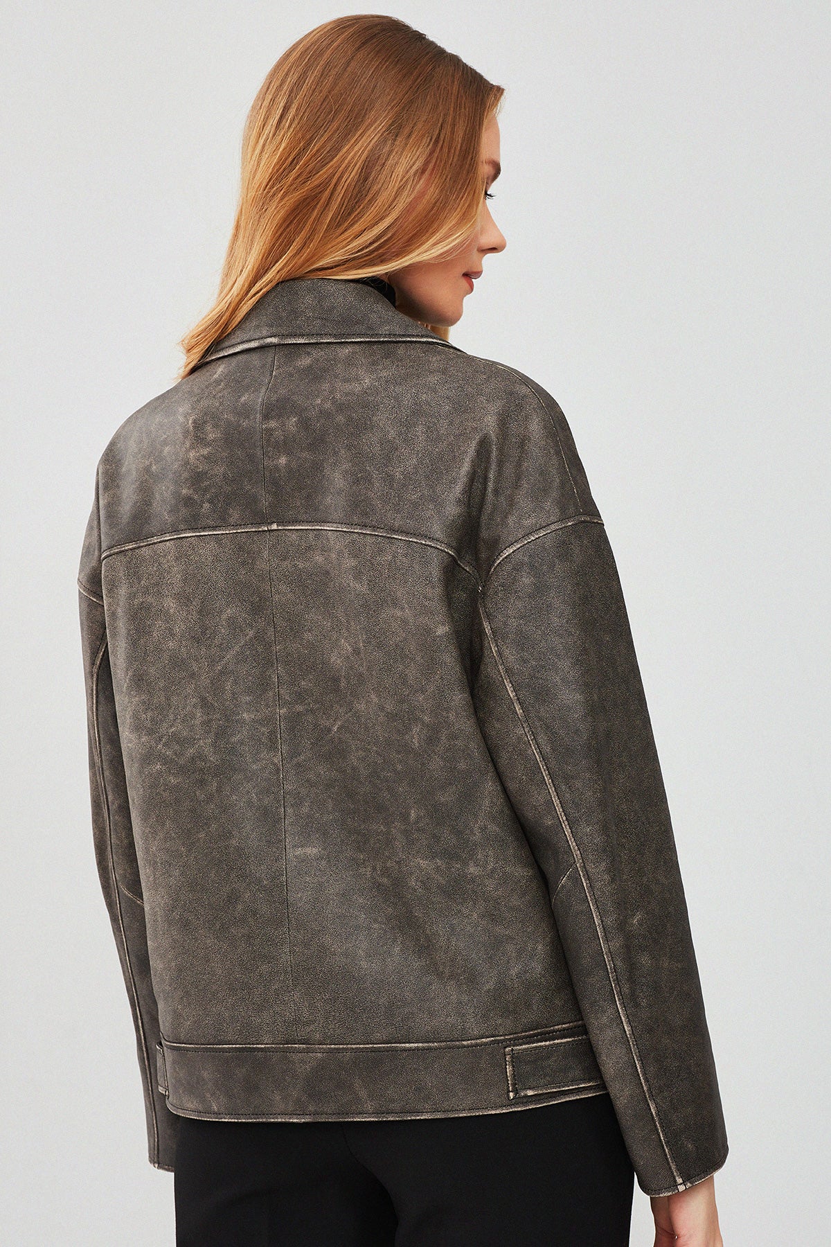Delano Kadın Gri Vintage Oversize Biker Deri Ceket - Image 4