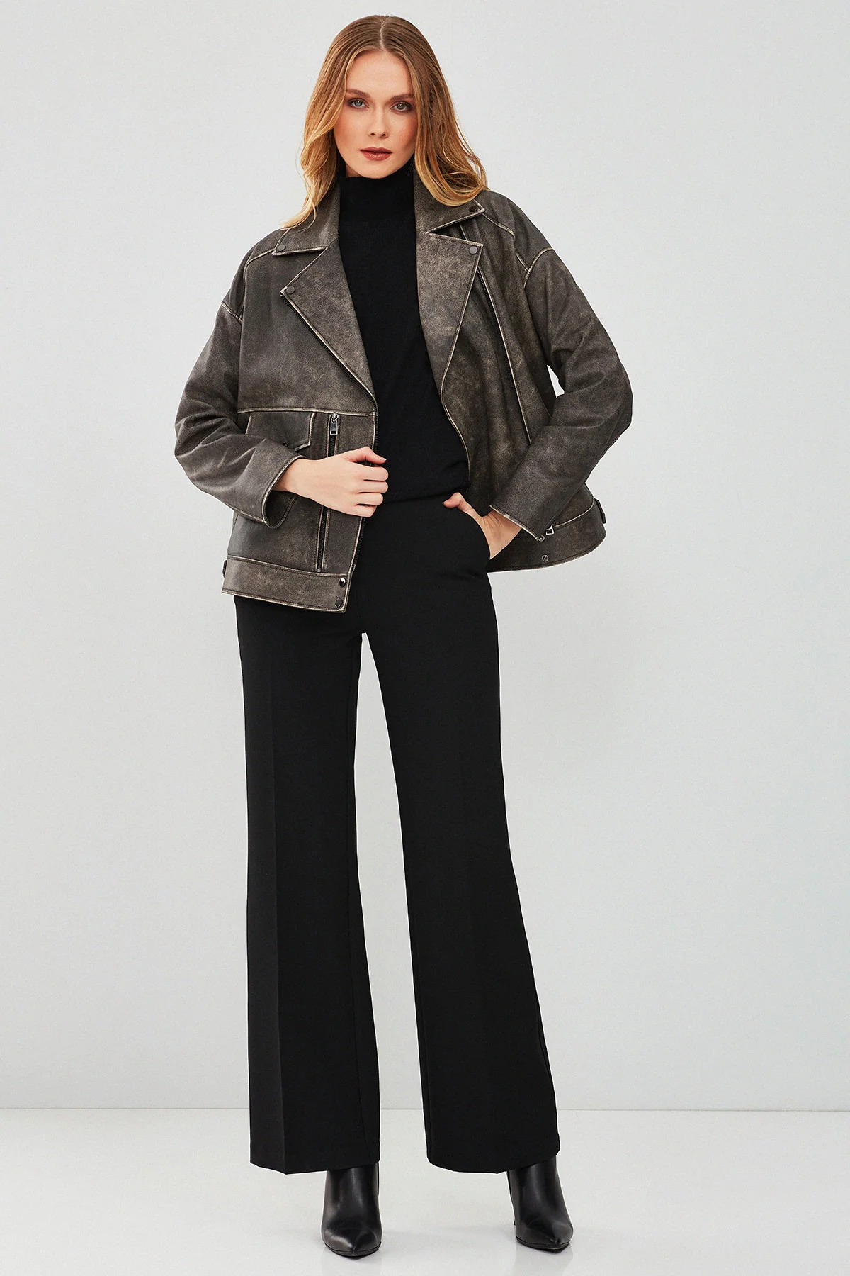 Delano Kadın Gri Vintage Oversize Biker Deri Ceket - Image 8