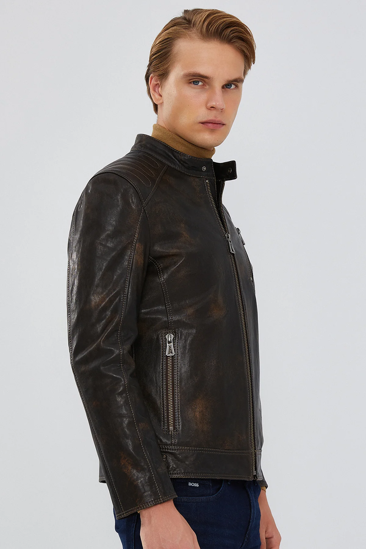 Durant Erkek Kahverengi Slim-Fit Vintage Deri Ceket - Image 3
