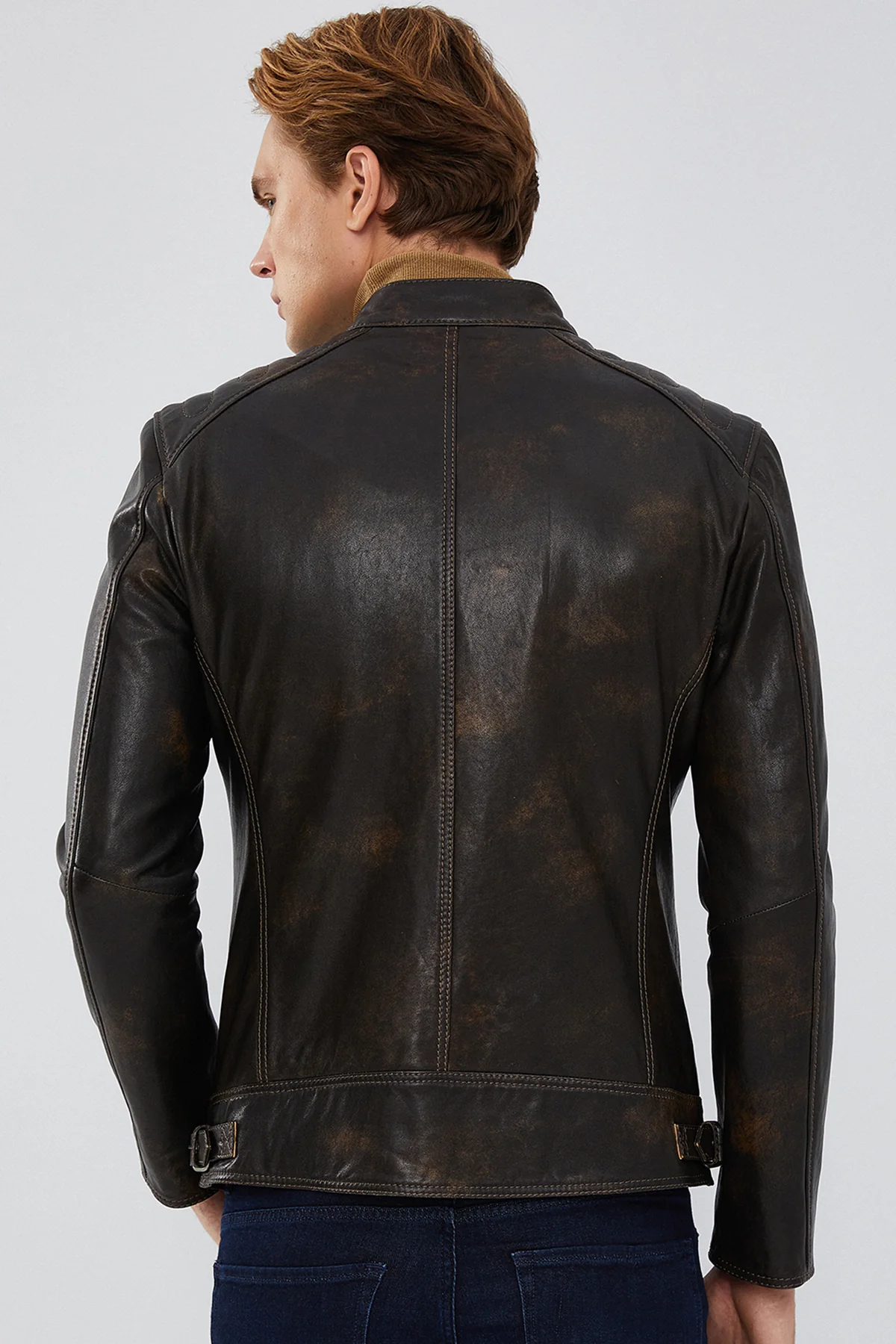 Durant Erkek Kahverengi Slim-Fit Vintage Deri Ceket - Image 4