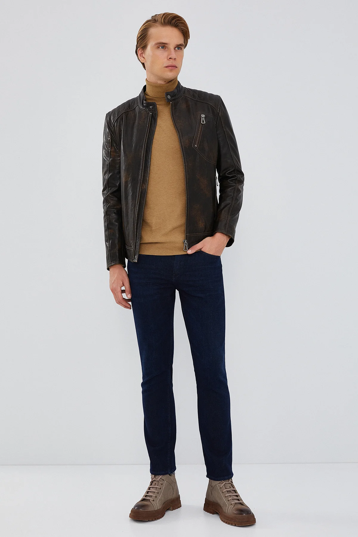 Durant Erkek Kahverengi Slim-Fit Vintage Deri Ceket - Image 5