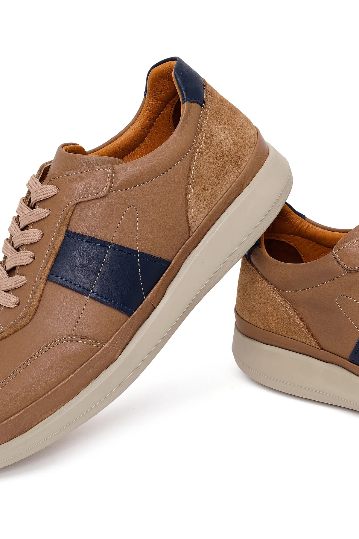Erkek Bej Bağcıklı Deri Casual Sneaker - Image 10