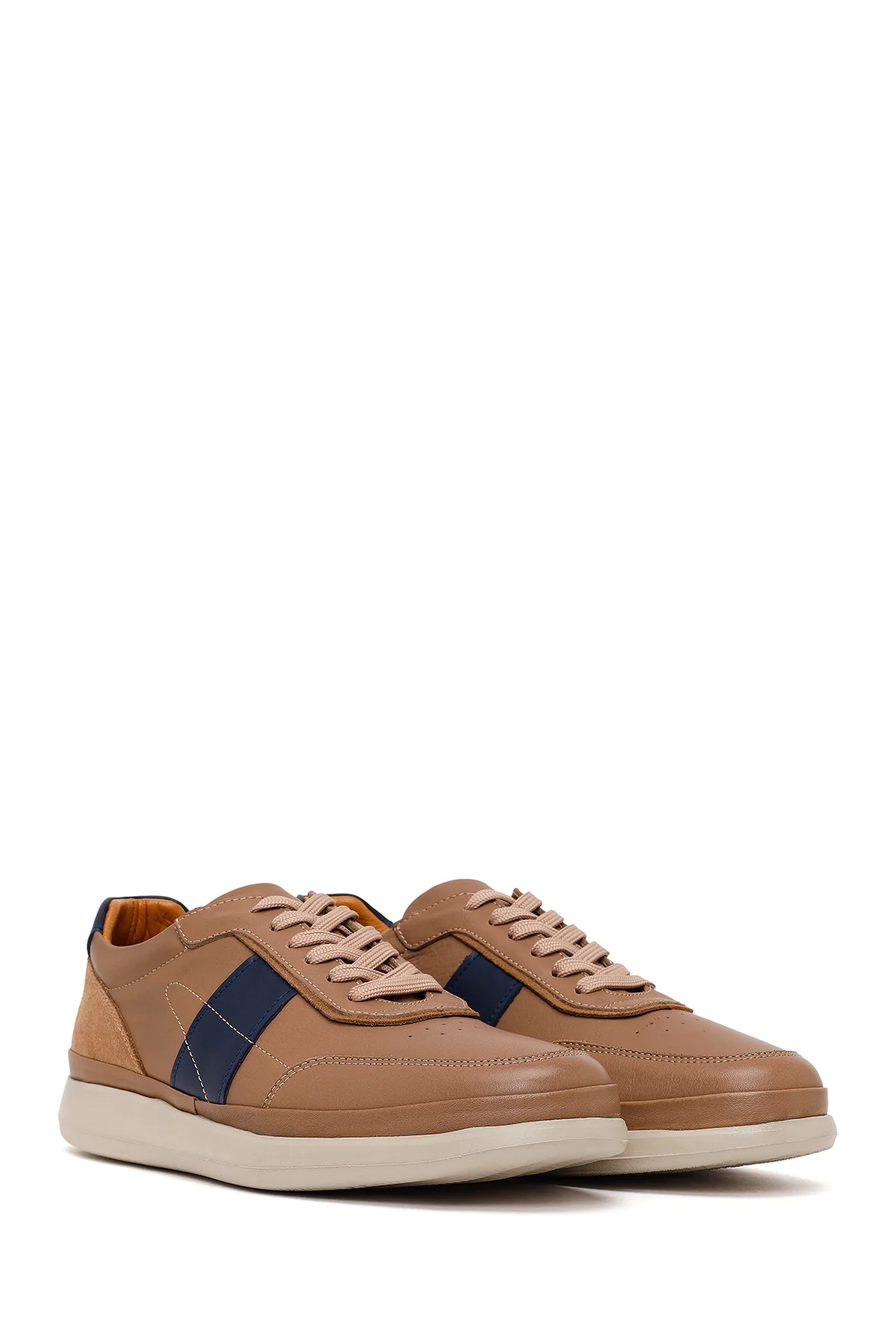 Erkek Bej Bağcıklı Deri Casual Sneaker - Image 2
