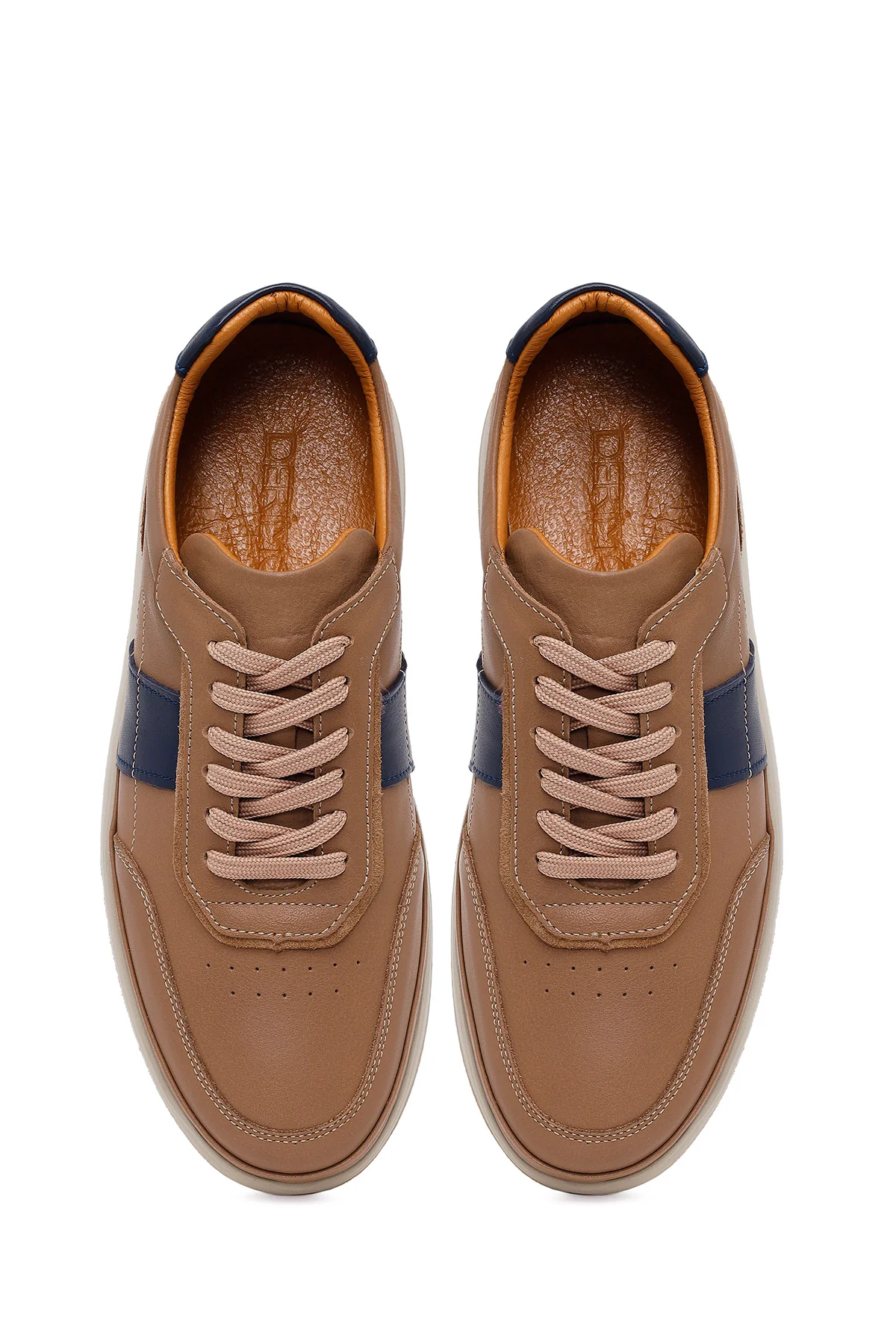 Erkek Bej Bağcıklı Deri Casual Sneaker - Image 4