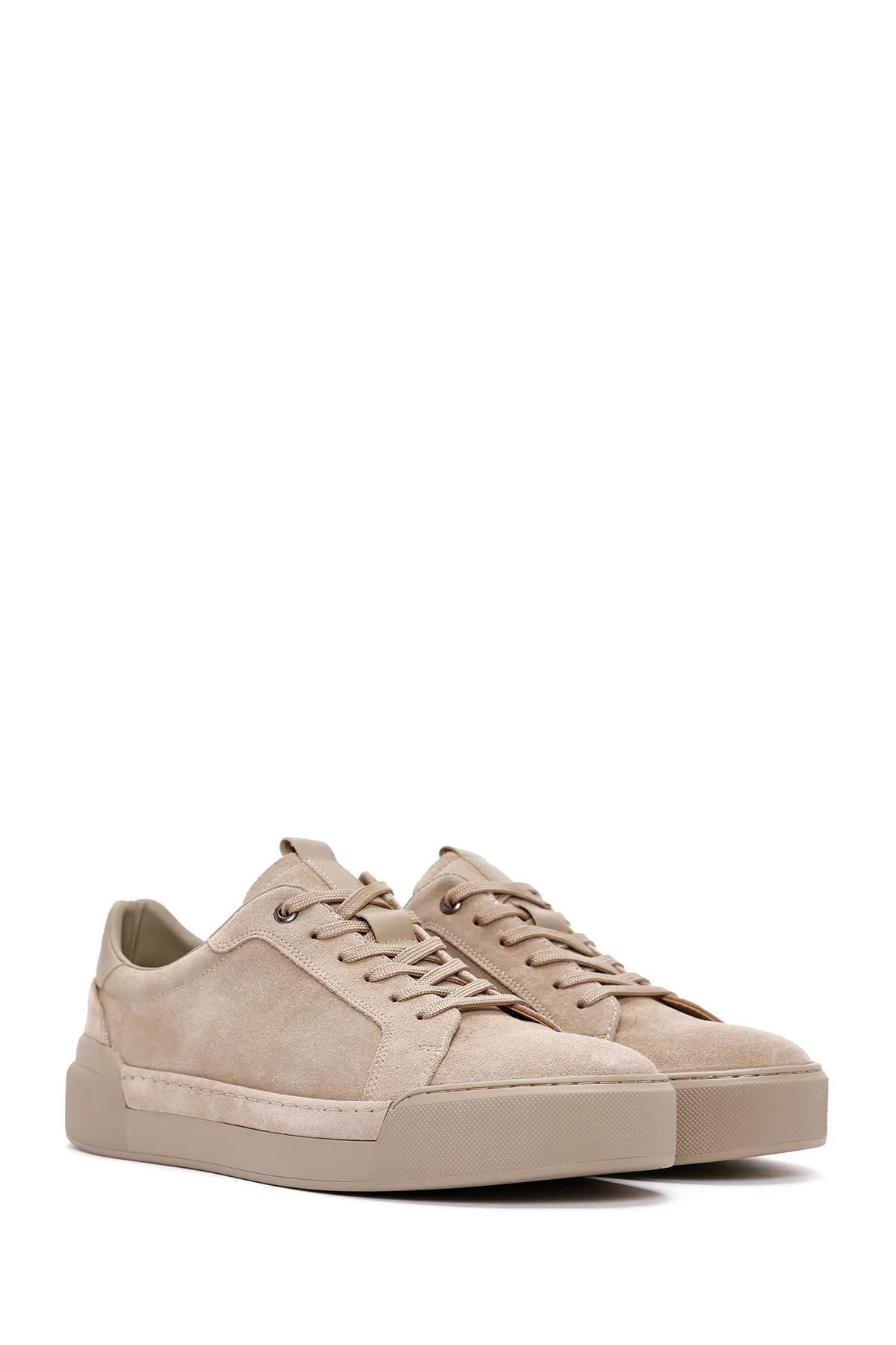 Erkek Bej Bağcıklı Deri Sneaker - Image 3