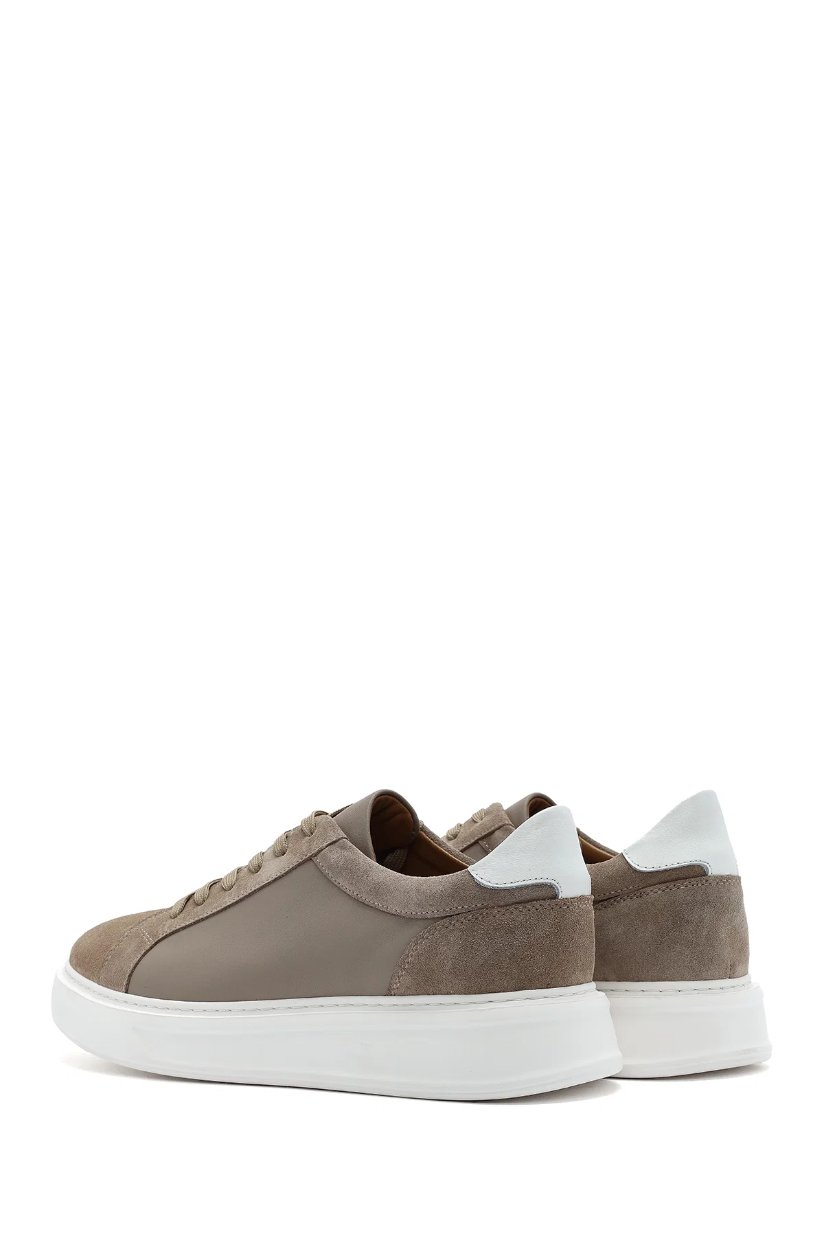 Erkek Bej Bağcıklı Deri Sneaker - Image 5