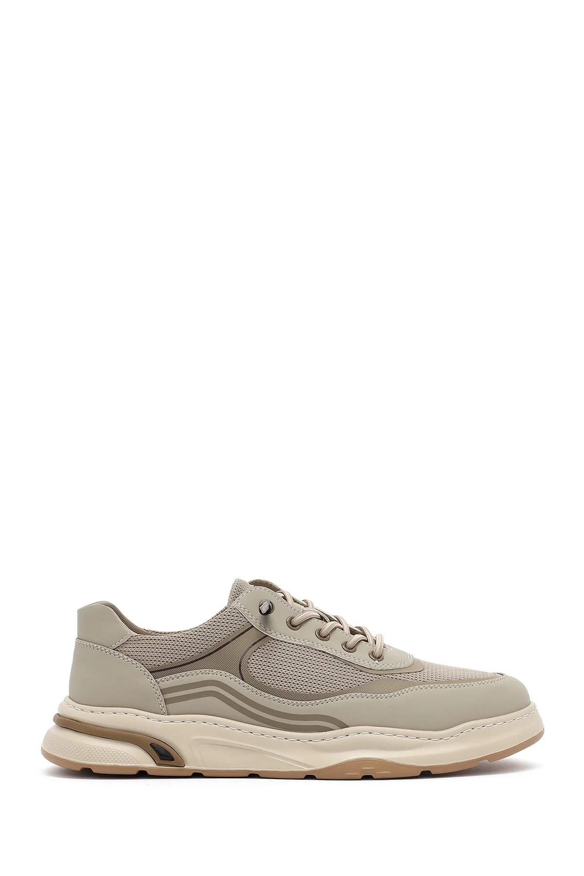 Erkek Bej Bağcıklı Deri Sneaker