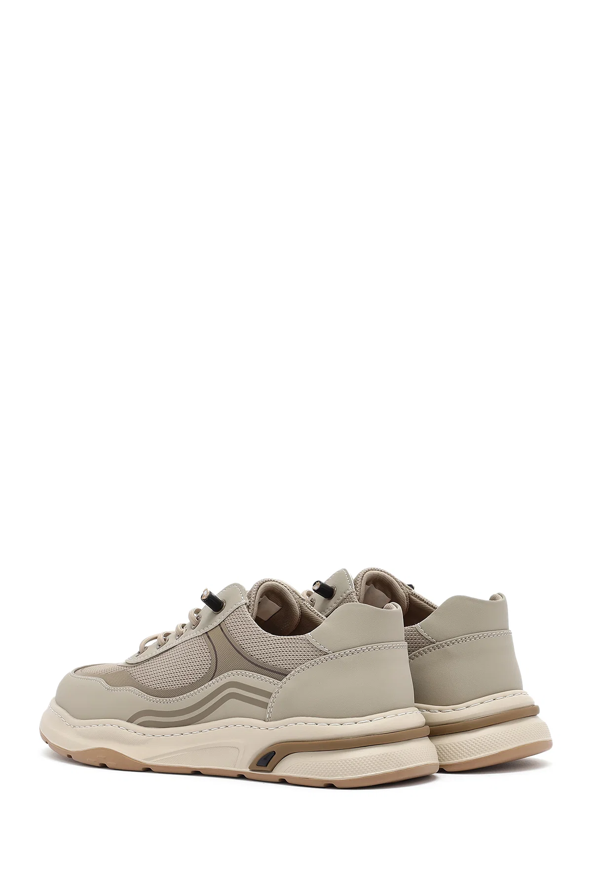 Erkek Bej Bağcıklı Deri Sneaker - Image 5