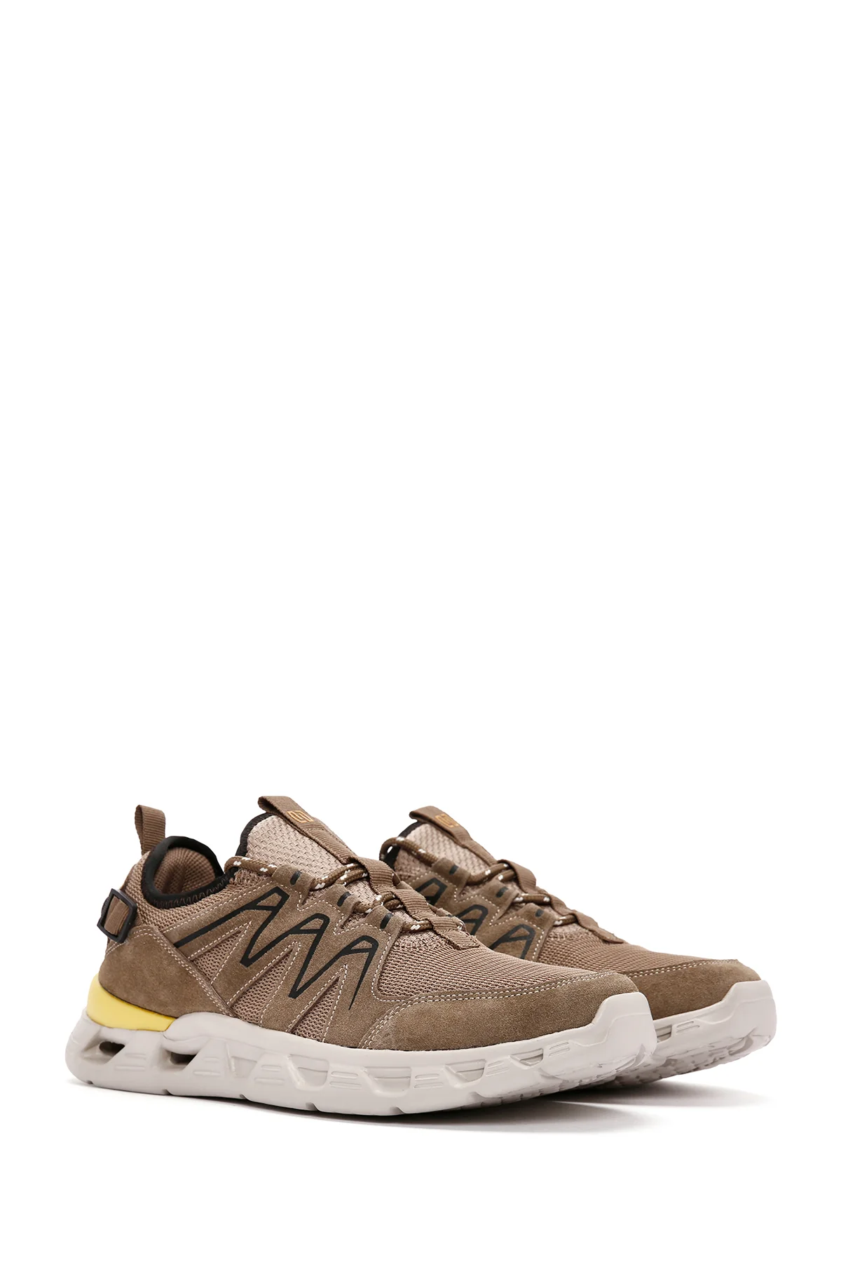 Erkek Bej Bağcıklı Kalın Tabanlı Deri Sneaker - Image 4