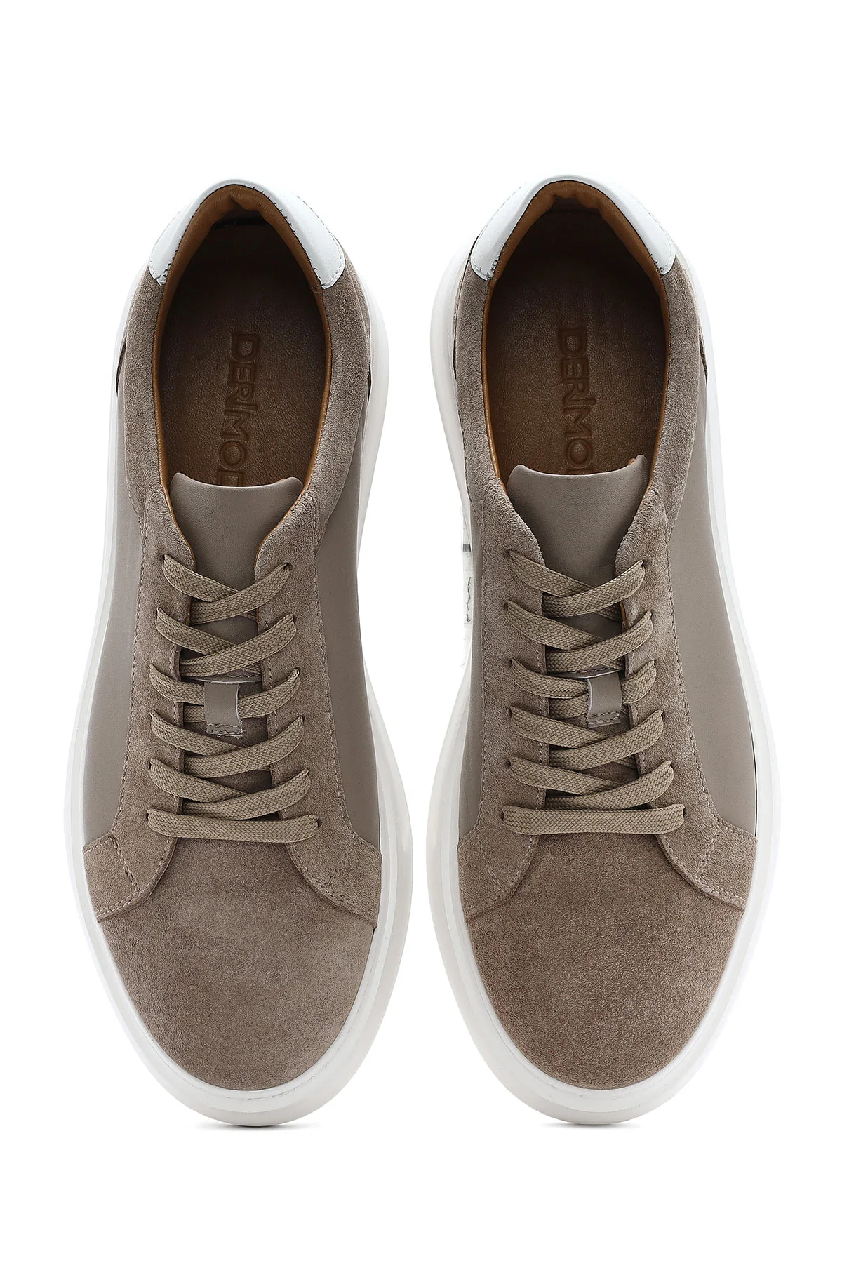 Erkek Bej Bağcıklı Kalın Tabanlı Deri Sneaker - Image 4
