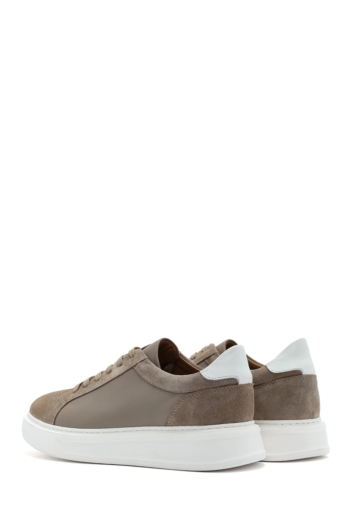 Erkek Bej Bağcıklı Kalın Tabanlı Deri Sneaker - Image 6