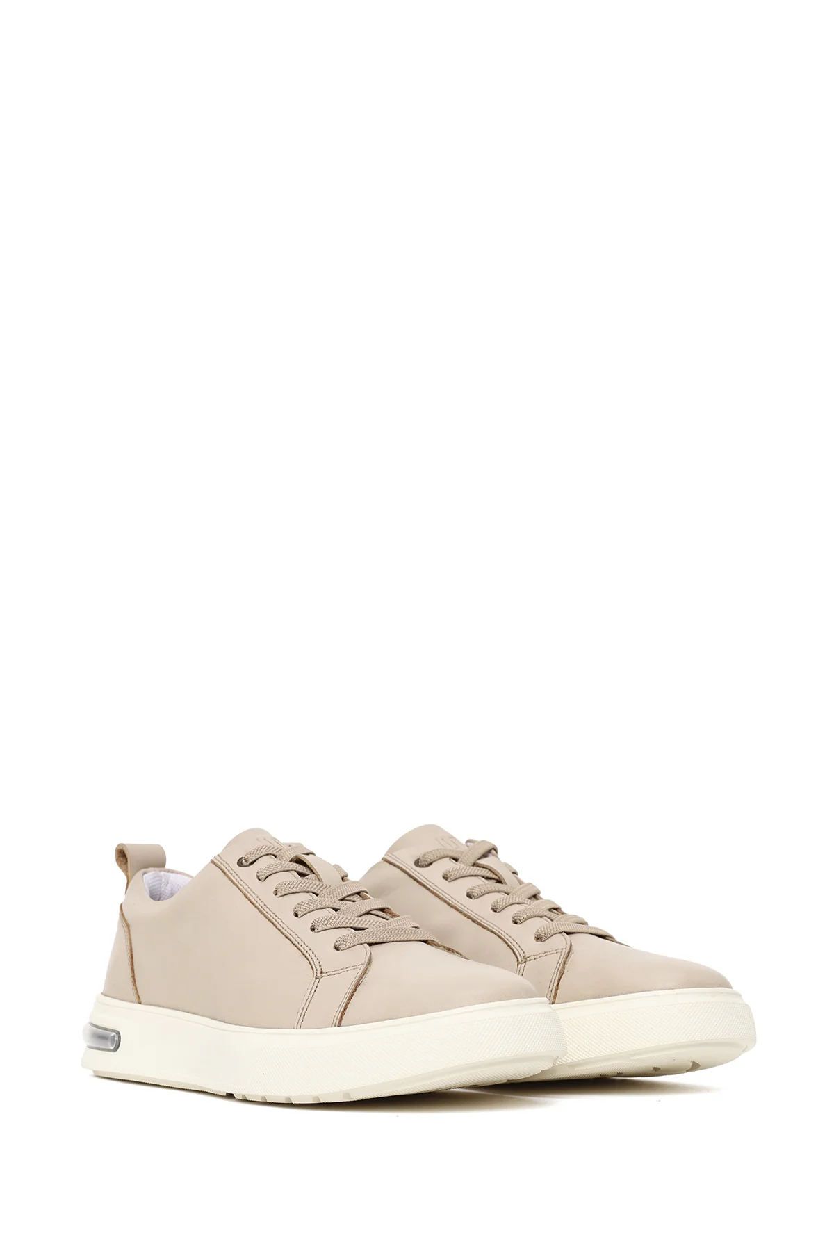 Erkek Bej Bağcıklı Kalın Tabanlı Deri Sneaker - Image 2