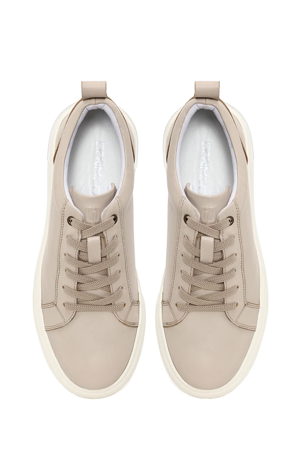 Erkek Bej Bağcıklı Kalın Tabanlı Deri Sneaker - Image 4