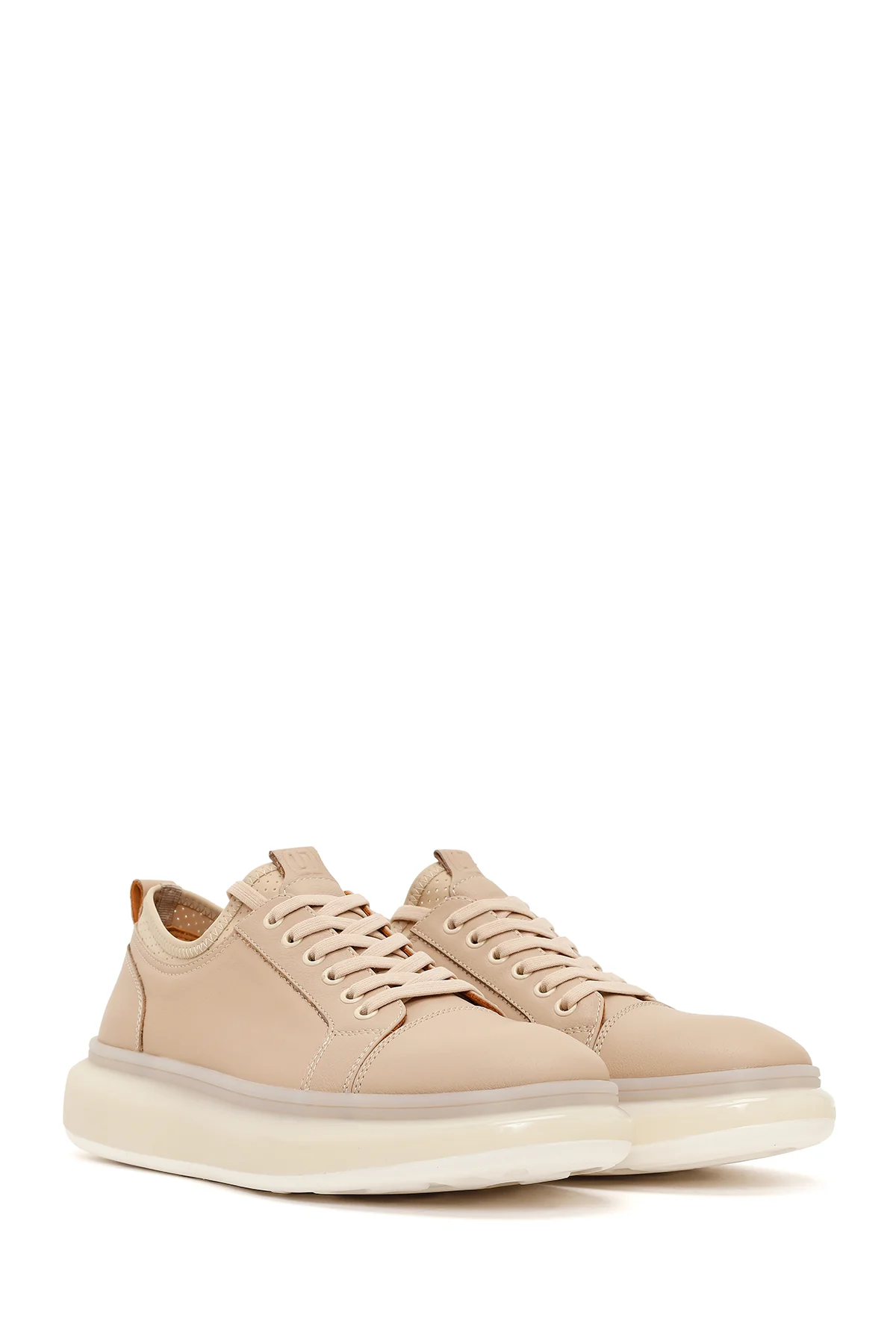 Erkek Bej Bağcıklı Kalın Tabanlı Deri Sneaker - Image 2