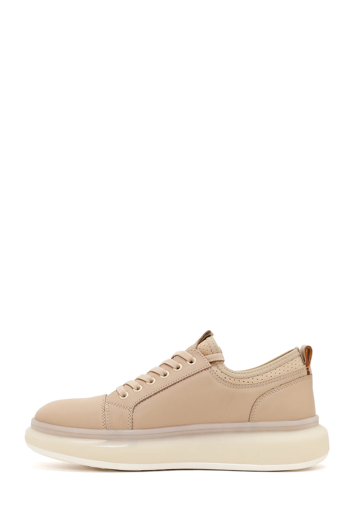 Erkek Bej Bağcıklı Kalın Tabanlı Deri Sneaker - Image 3