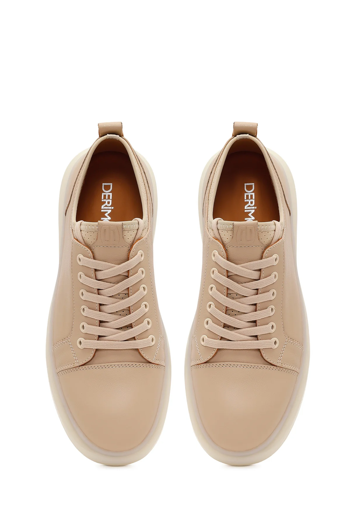 Erkek Bej Bağcıklı Kalın Tabanlı Deri Sneaker - Image 4