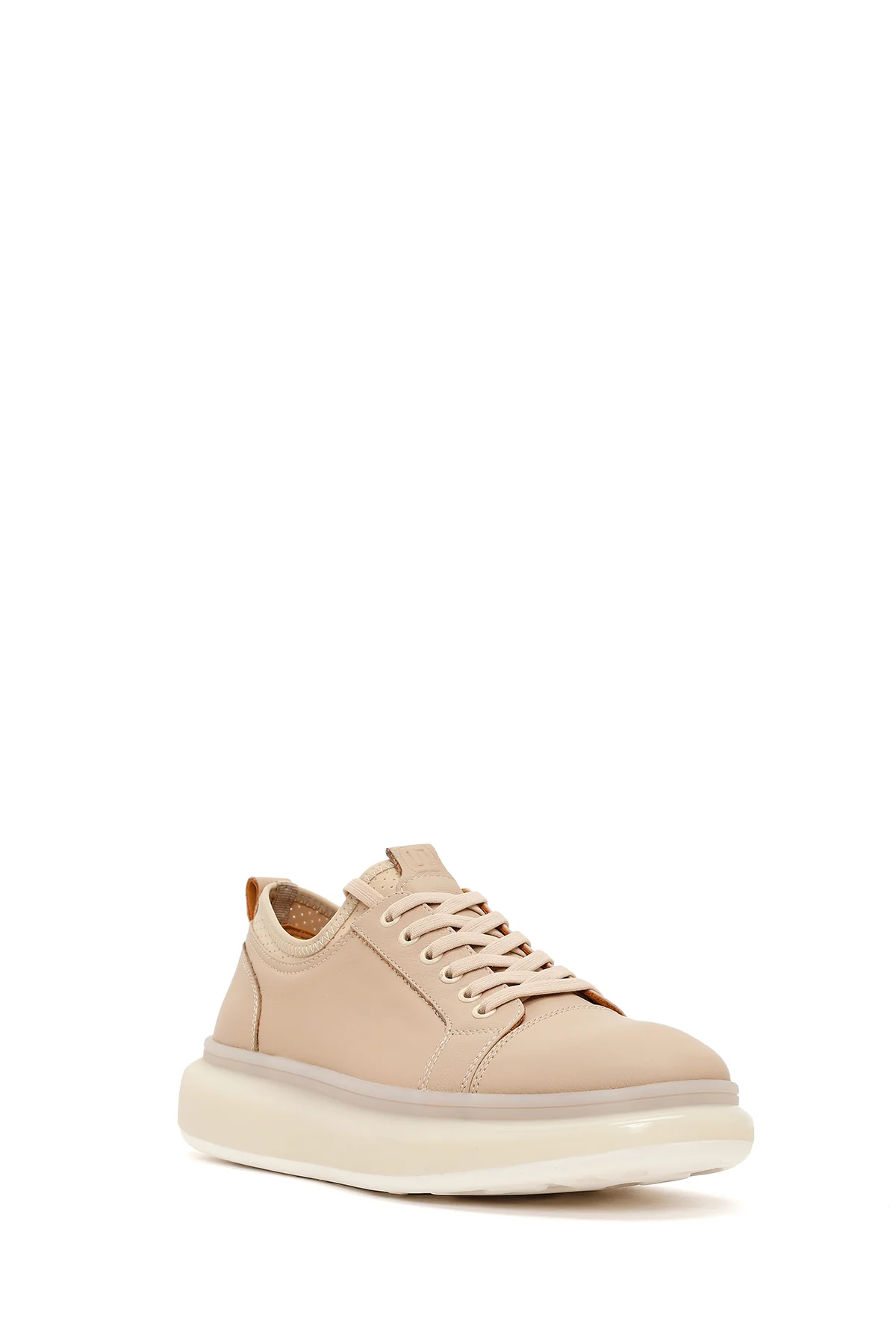 Erkek Bej Bağcıklı Kalın Tabanlı Deri Sneaker - Image 7