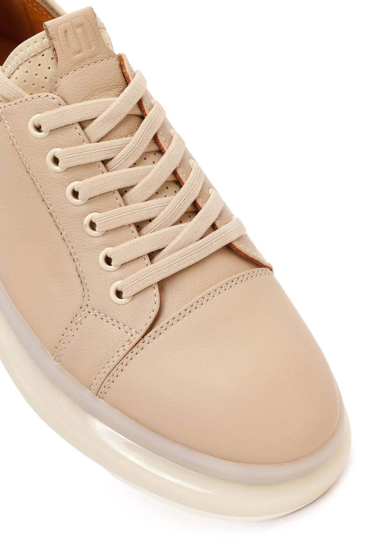 Erkek Bej Bağcıklı Kalın Tabanlı Deri Sneaker - Image 9