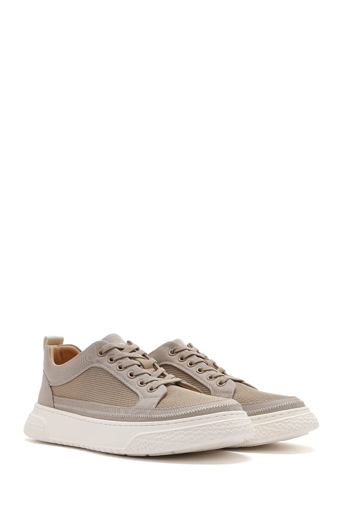 Erkek Bej Bağcıklı Kalın Tabanlı Kumaş Sneaker - Image 2
