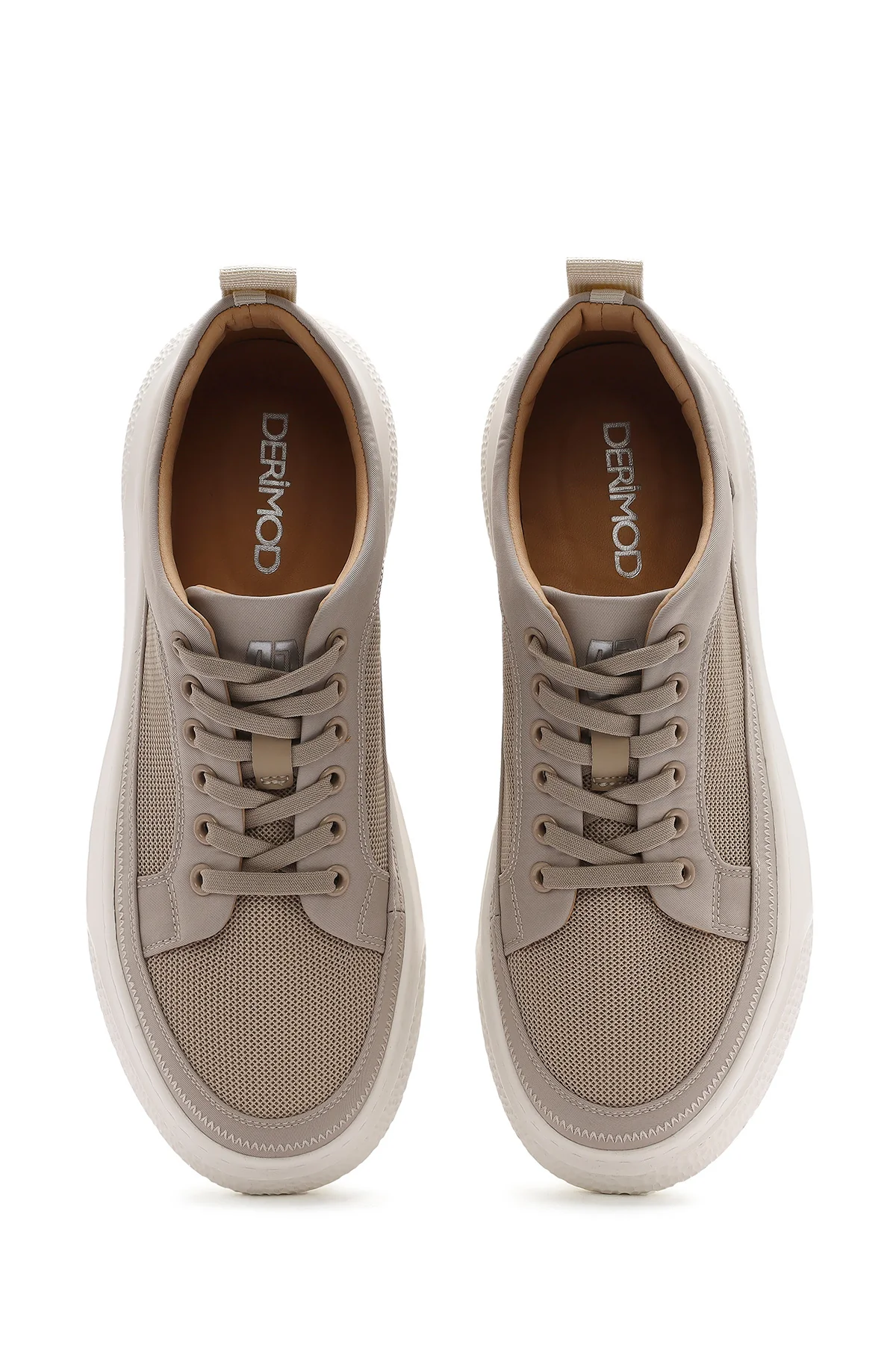 Erkek Bej Bağcıklı Kalın Tabanlı Kumaş Sneaker - Image 4