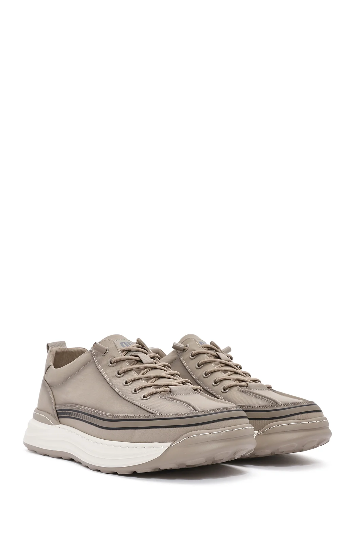 Erkek Bej Bağcıklı Kalın Tabanlı Kumaş Sneaker - Image 2
