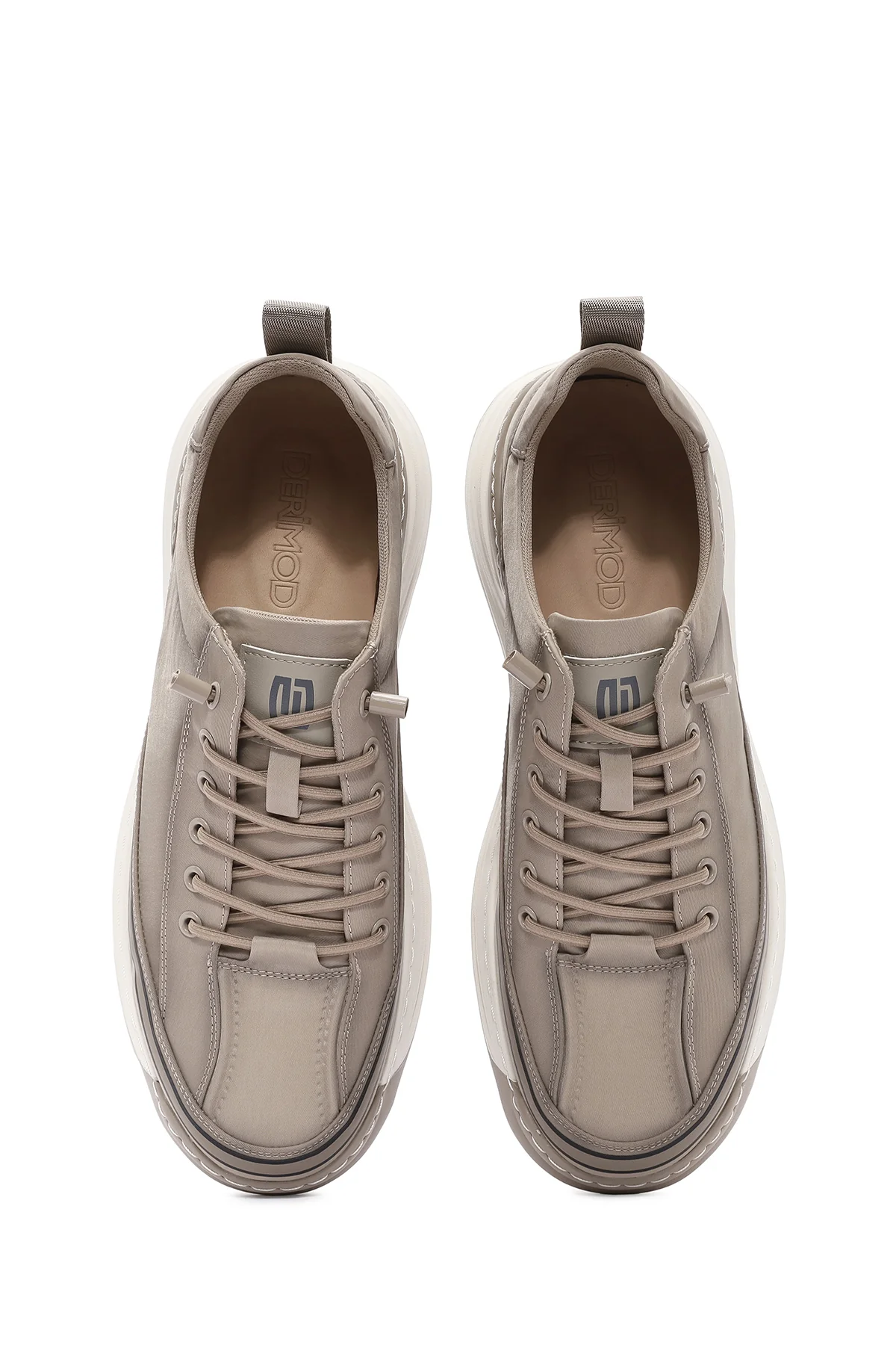 Erkek Bej Bağcıklı Kalın Tabanlı Kumaş Sneaker - Image 4