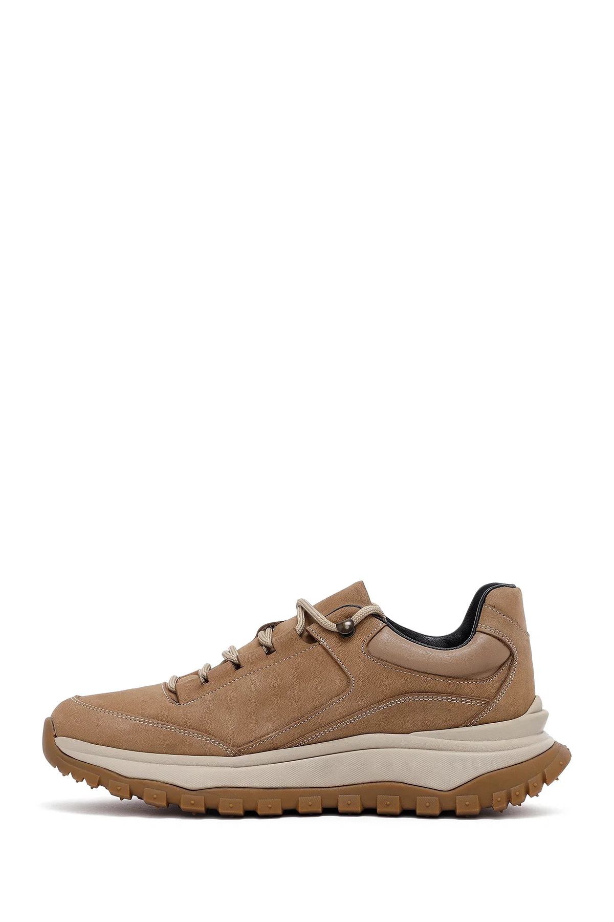 Erkek Bej Bağcıklı Kalın Tabanlı Nubuk Deri Casual Sneaker - Image 2