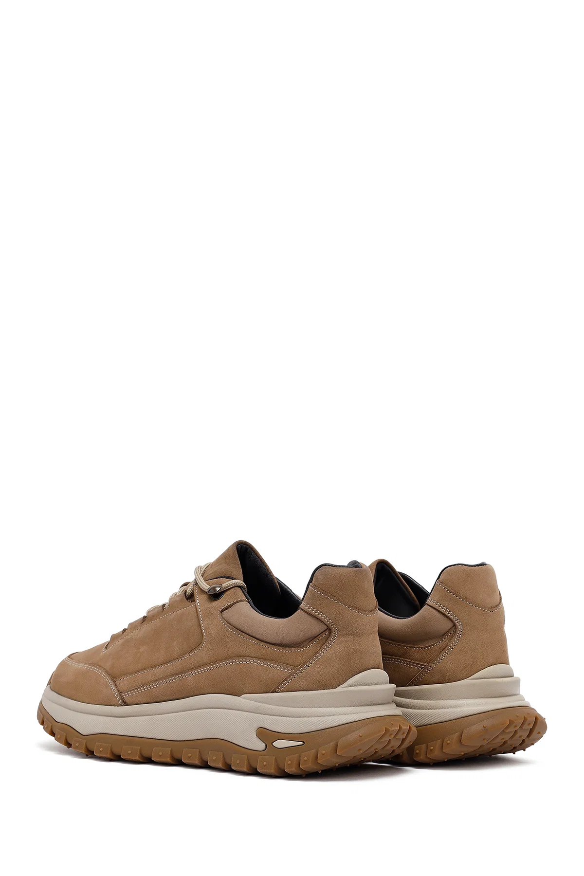 Erkek Bej Bağcıklı Kalın Tabanlı Nubuk Deri Casual Sneaker - Image 5