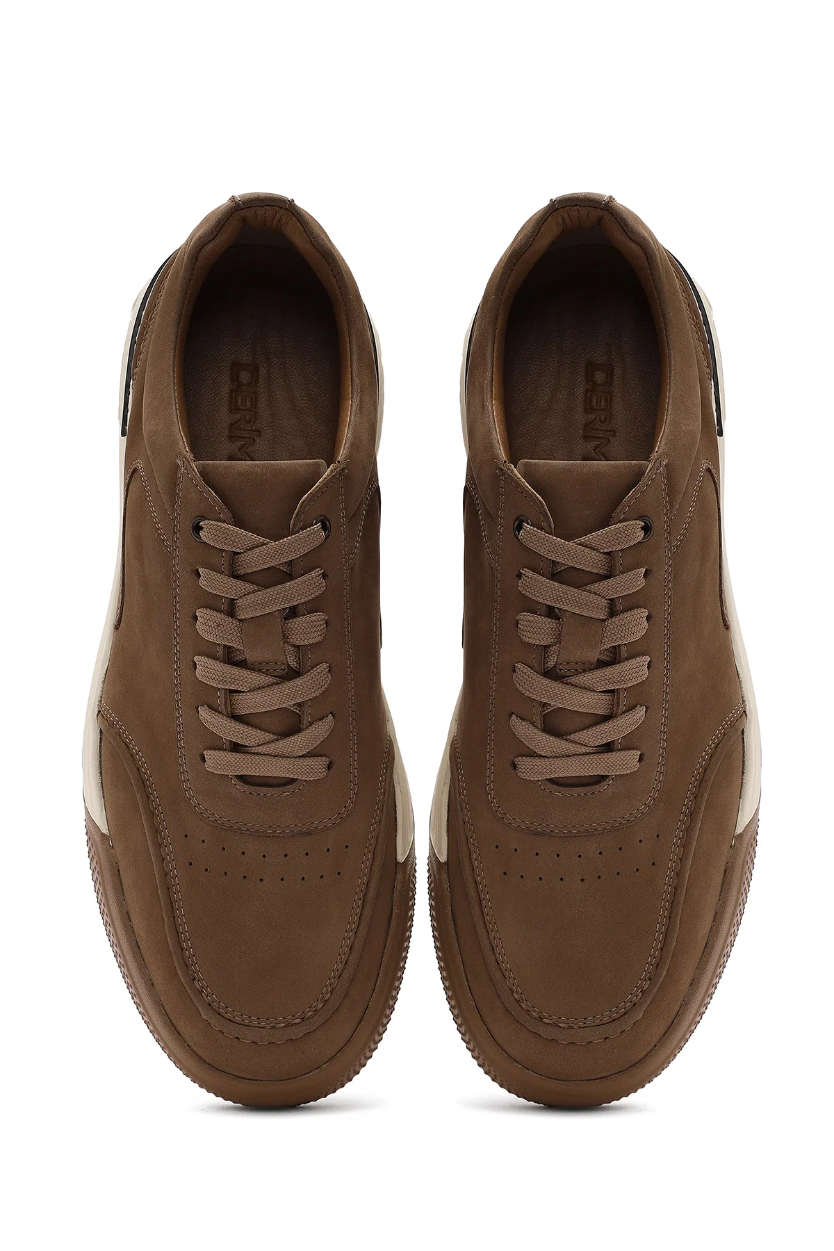 Erkek Bej Bağcıklı Kalın Tabanlı Nubuk Deri Sneaker - Image 7