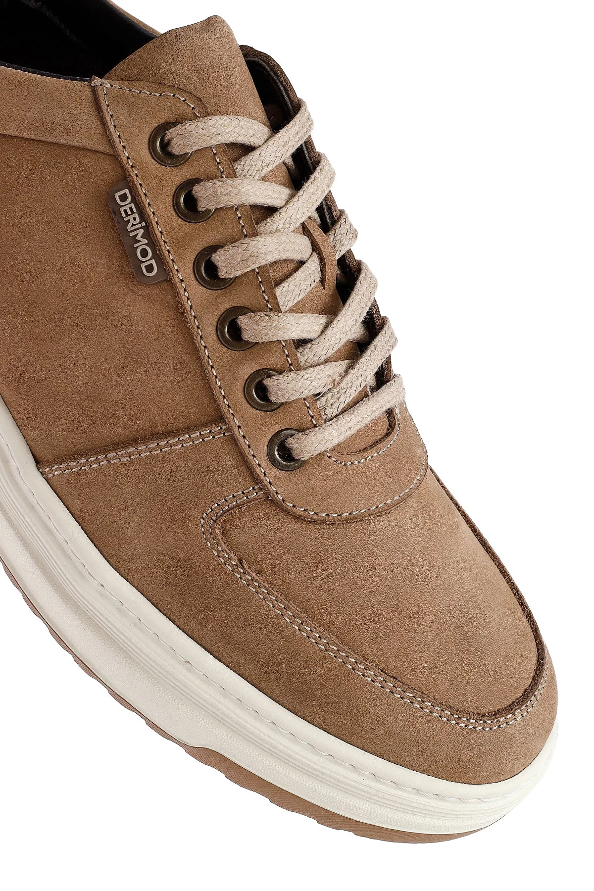 Erkek Bej Bağcıklı Kalın Tabanlı Nubuk Deri Sneaker - Image 9