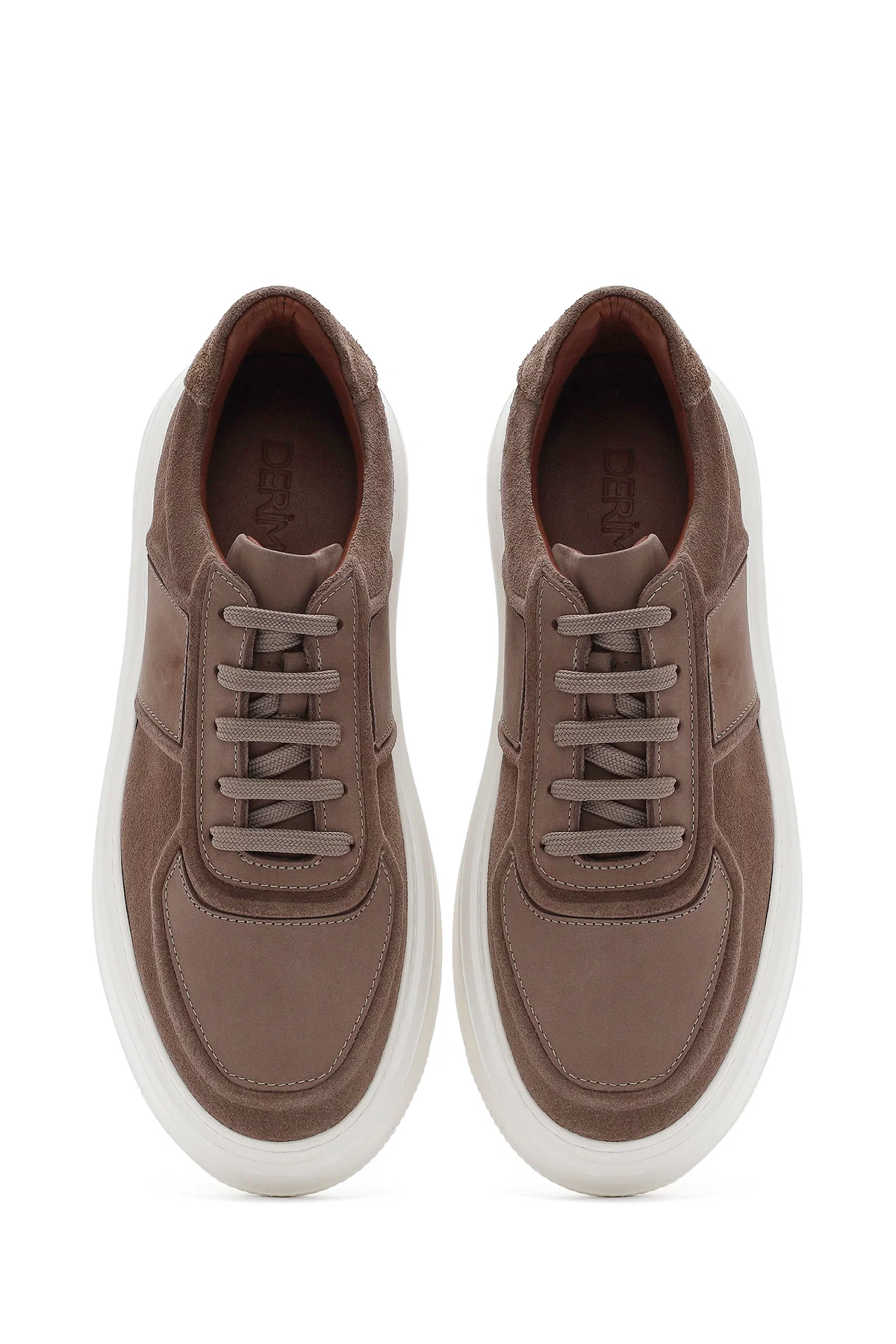Erkek Bej Bağcıklı Kalın Tabanlı Süet Deri Sneaker - Image 7