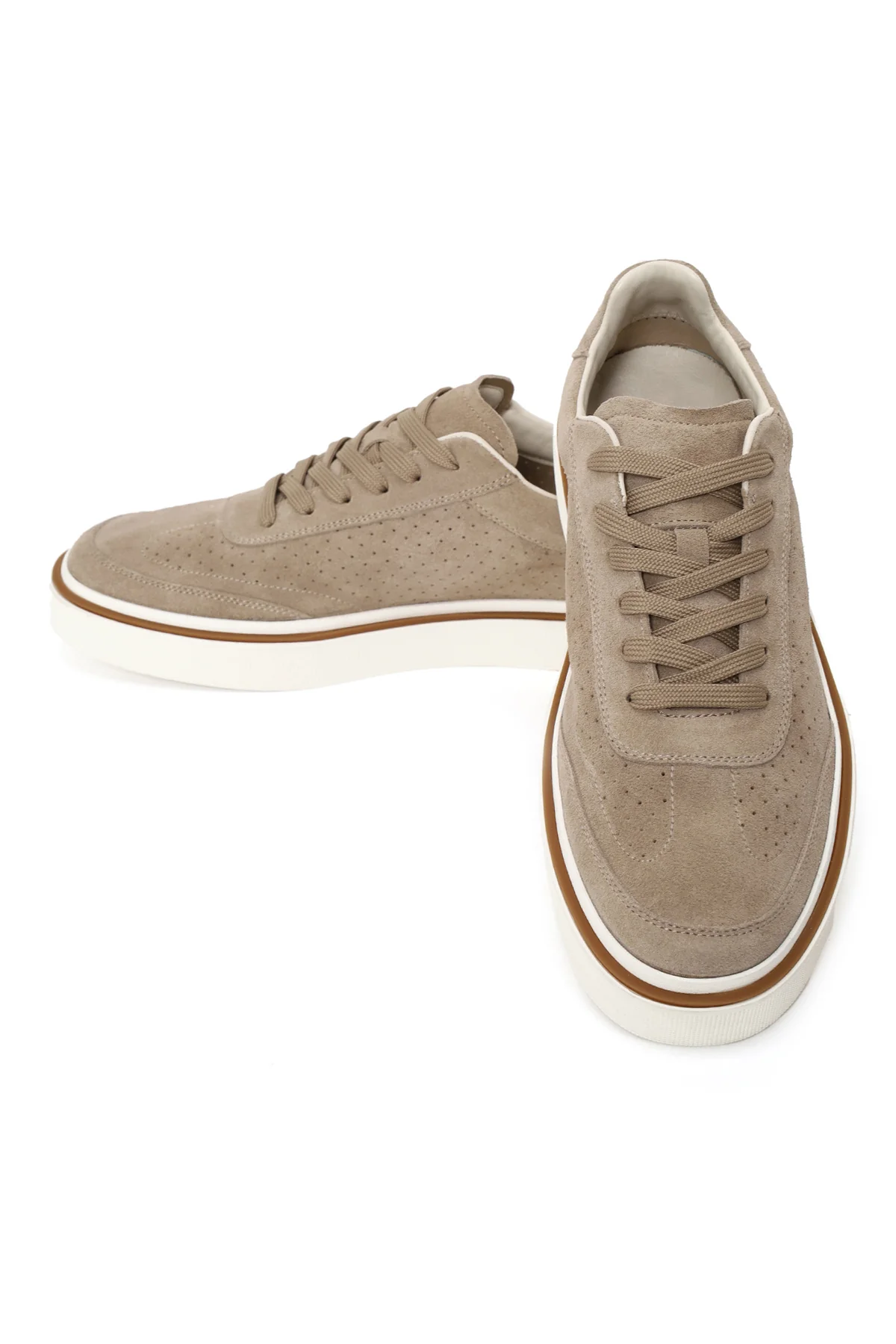 Erkek Bej Bağcıklı Kalın Tabanlı Süet Deri Sneaker - Image 11