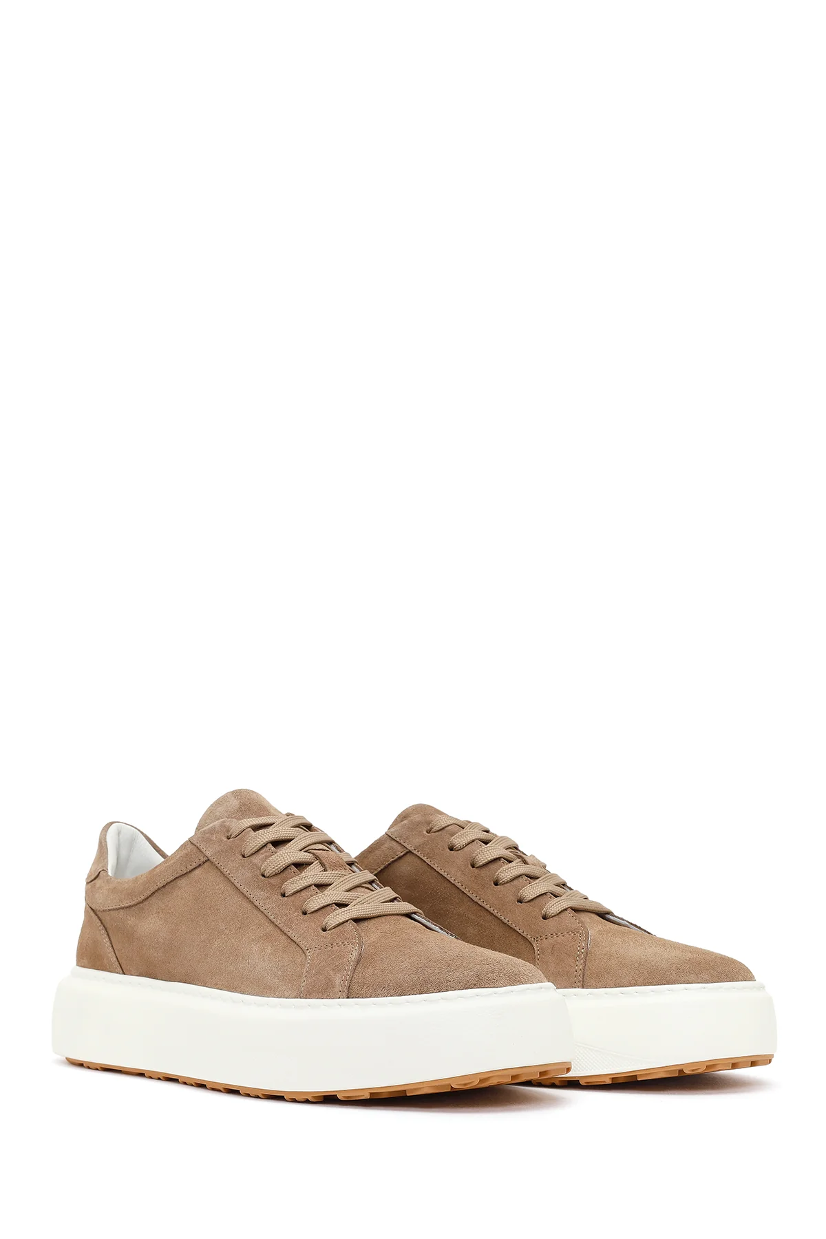 Erkek Bej Bağcıklı Kalın Tabanlı Süet Deri Sneaker - Image 2
