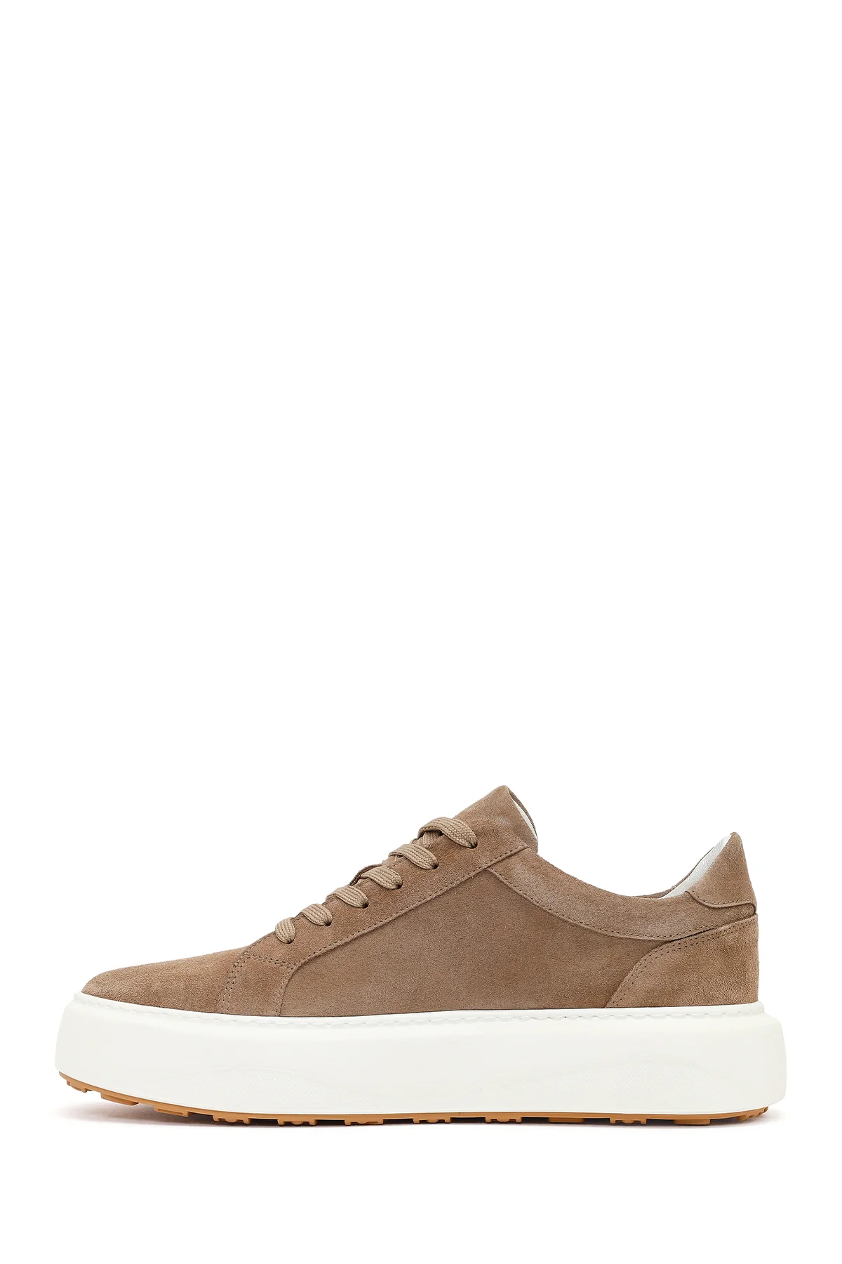 Erkek Bej Bağcıklı Kalın Tabanlı Süet Deri Sneaker - Image 3