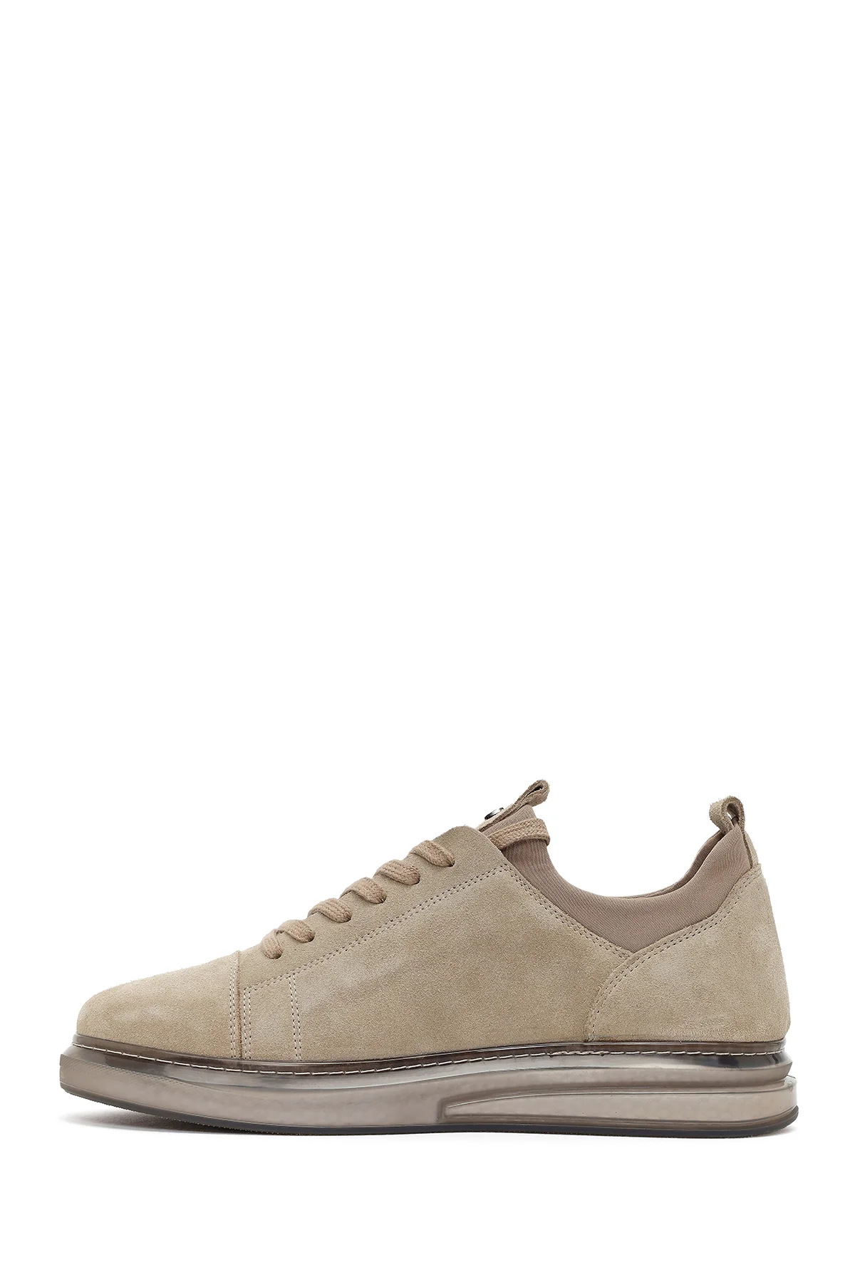 Erkek Bej Bağcıklı Kalın Tabanlı Süet Deri Sneaker - Image 3