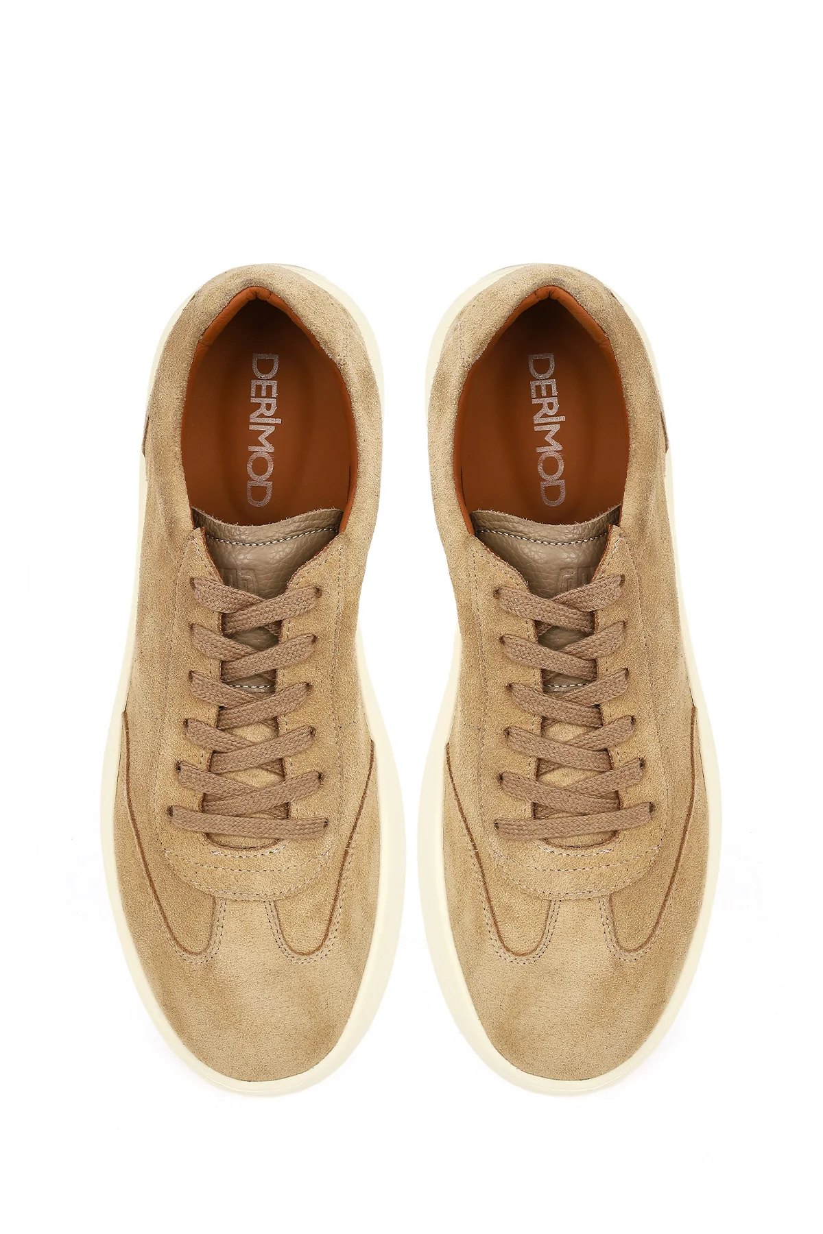 Erkek Bej Bağcıklı Kalın Tabanlı Süet Deri Sneaker - Image 4