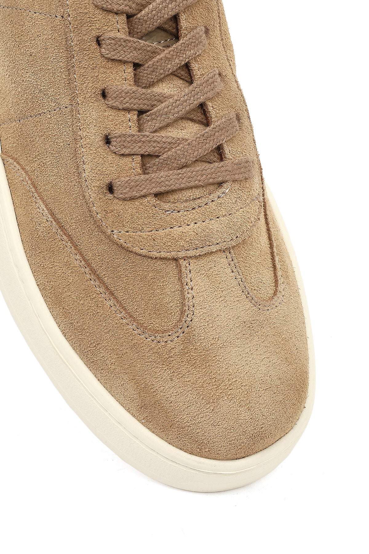 Erkek Bej Bağcıklı Kalın Tabanlı Süet Deri Sneaker - Image 9