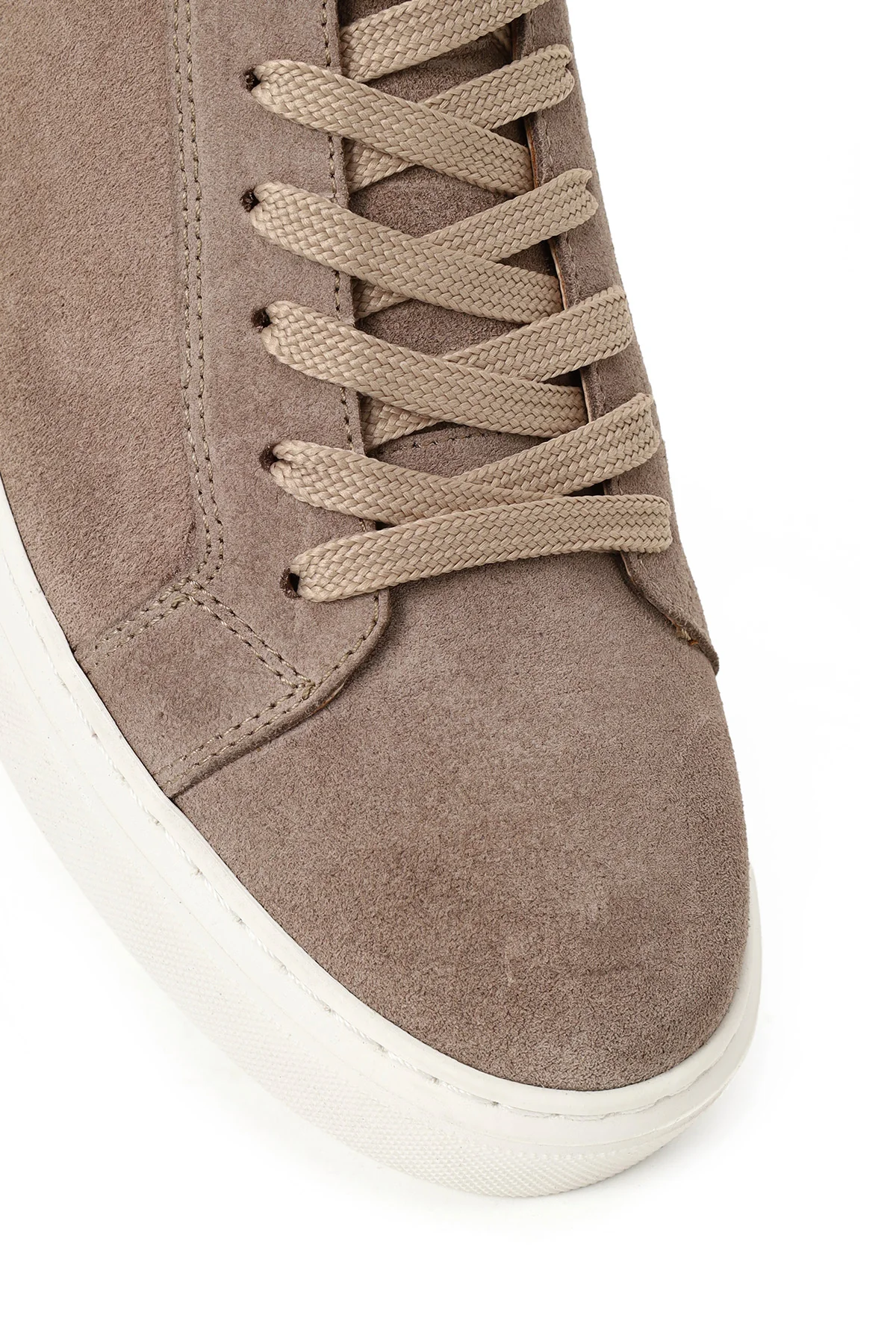 Erkek Bej Bağcıklı Kalın Tabanlı Süet Deri Sneaker - Image 9