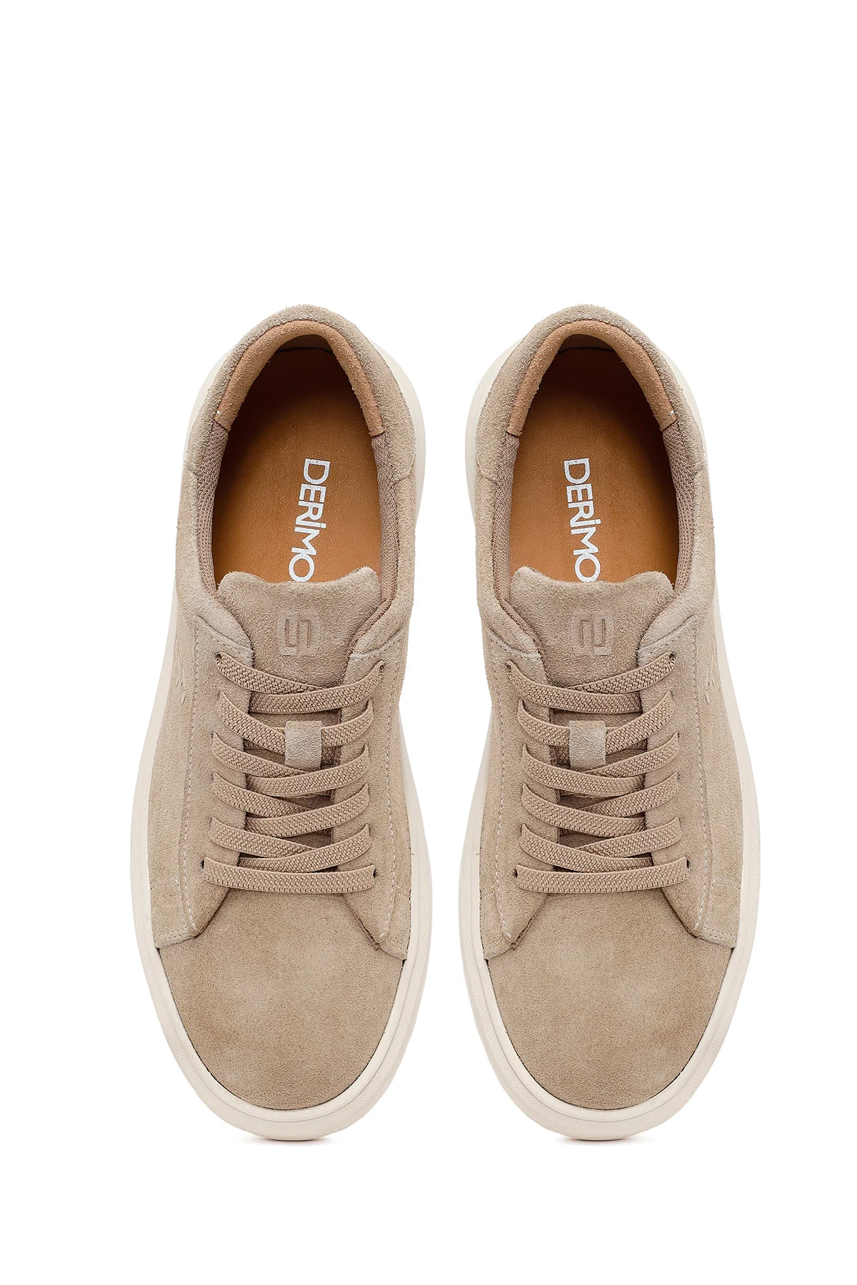 Erkek Bej Bağcıklı Kalın Tabanlı Süet Deri Sneaker - Image 4