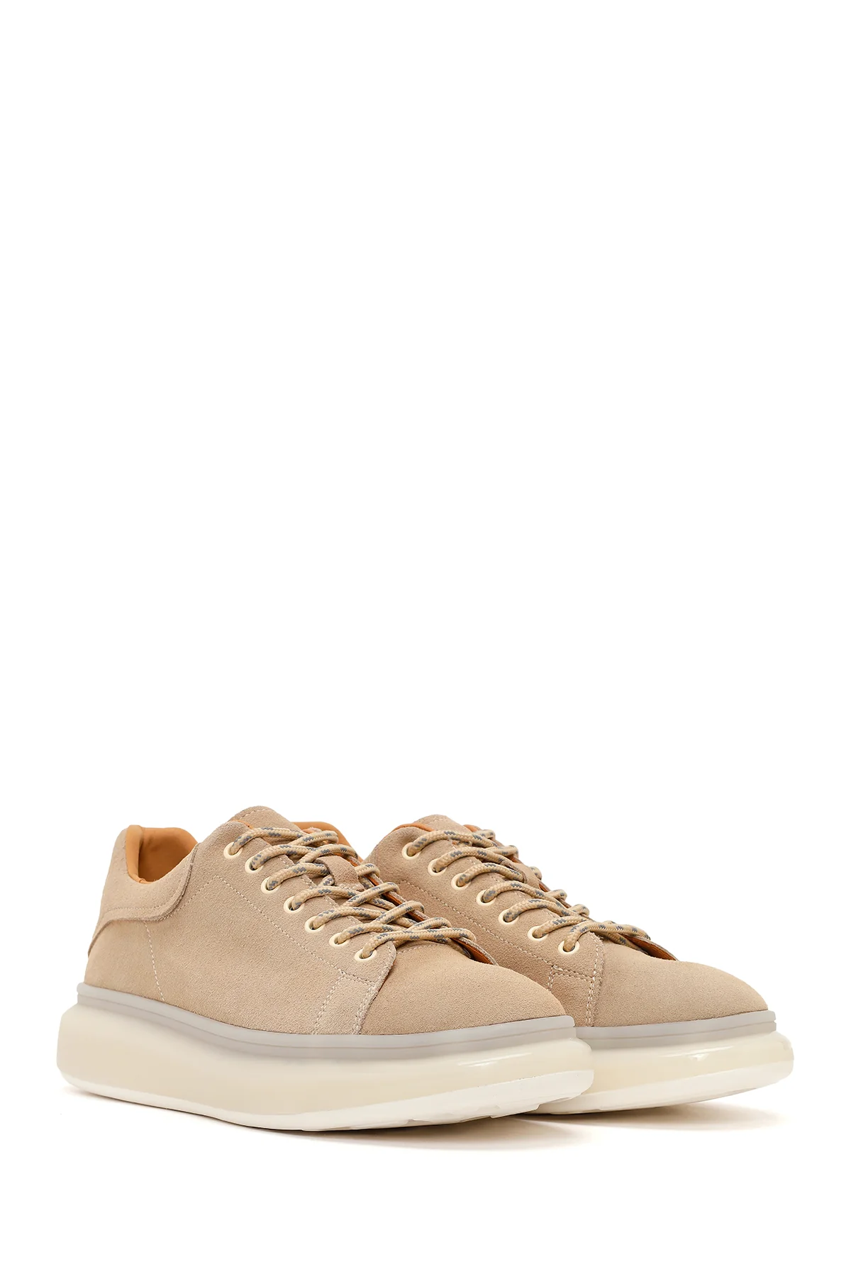 Erkek Bej Bağcıklı Kalın Tabanlı Süet Deri Sneaker - Image 2