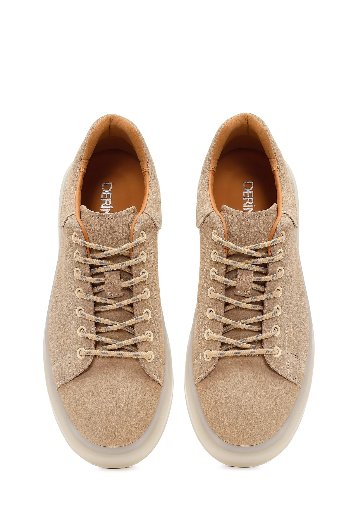 Erkek Bej Bağcıklı Kalın Tabanlı Süet Deri Sneaker - Image 4