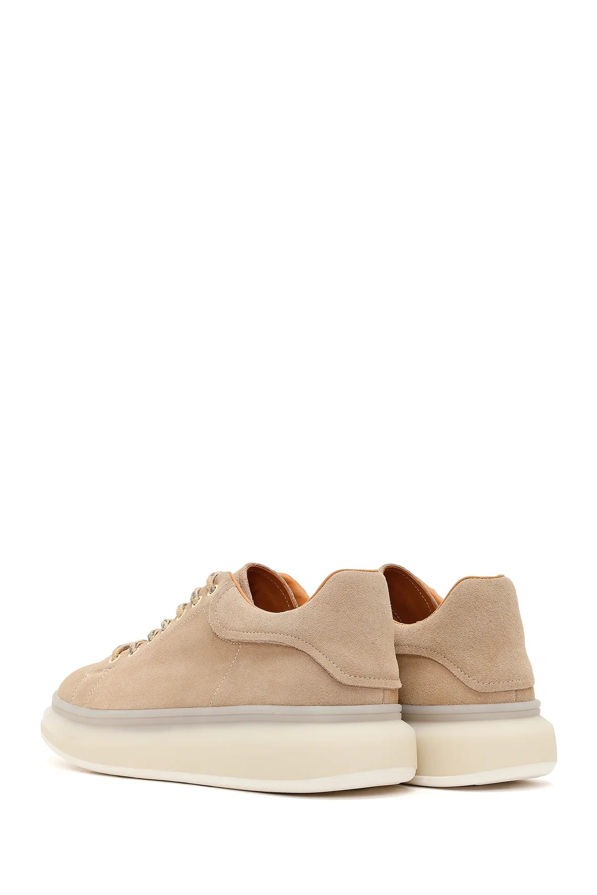 Erkek Bej Bağcıklı Kalın Tabanlı Süet Deri Sneaker - Image 6