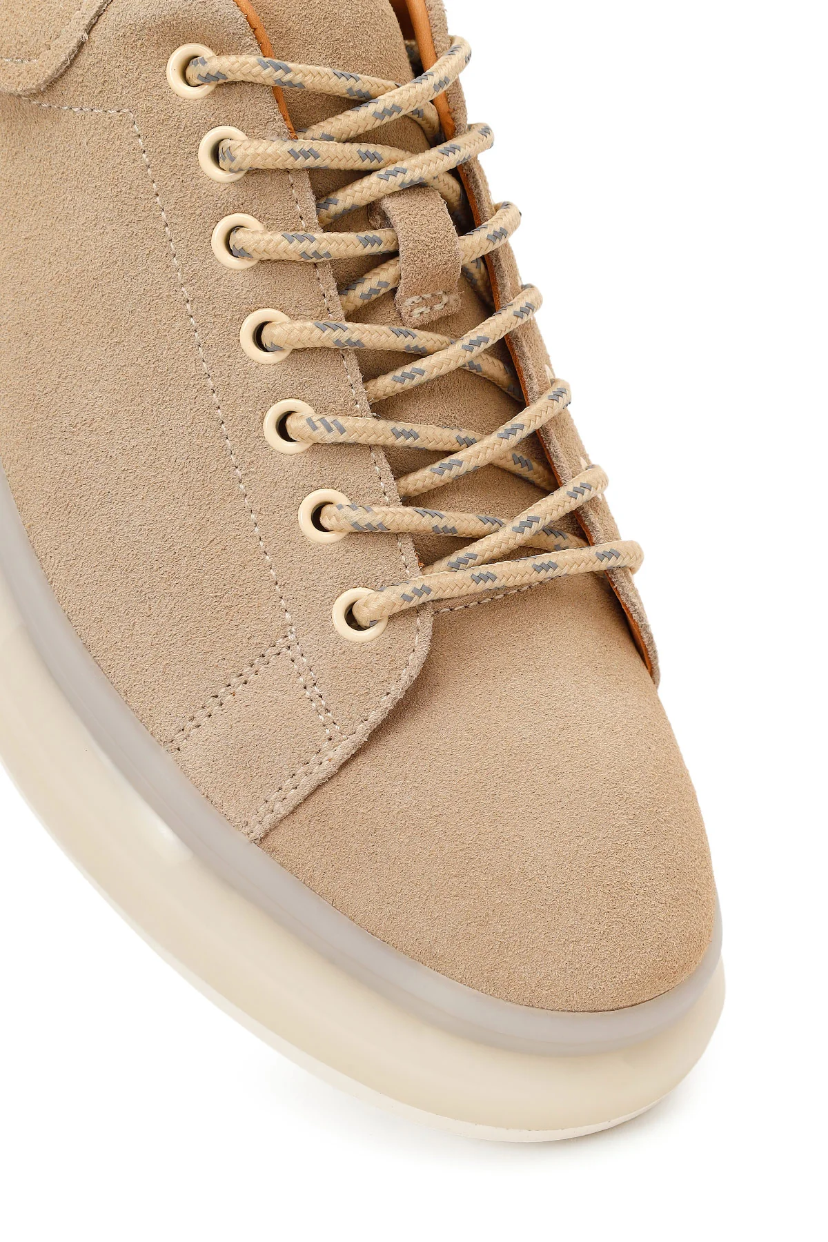 Erkek Bej Bağcıklı Kalın Tabanlı Süet Deri Sneaker - Image 9