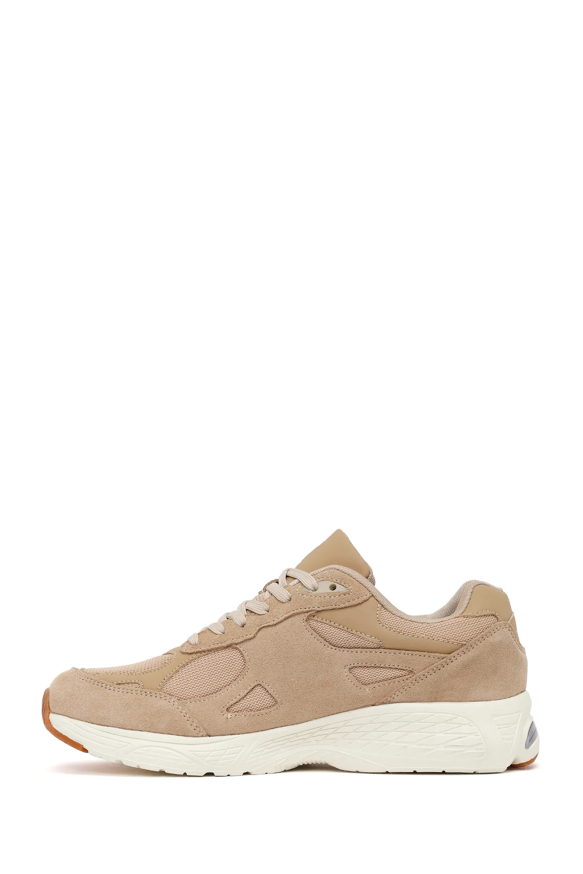 Erkek Bej Bağcıklı Kalın Tabanlı Süet Deri Sneaker - Image 3
