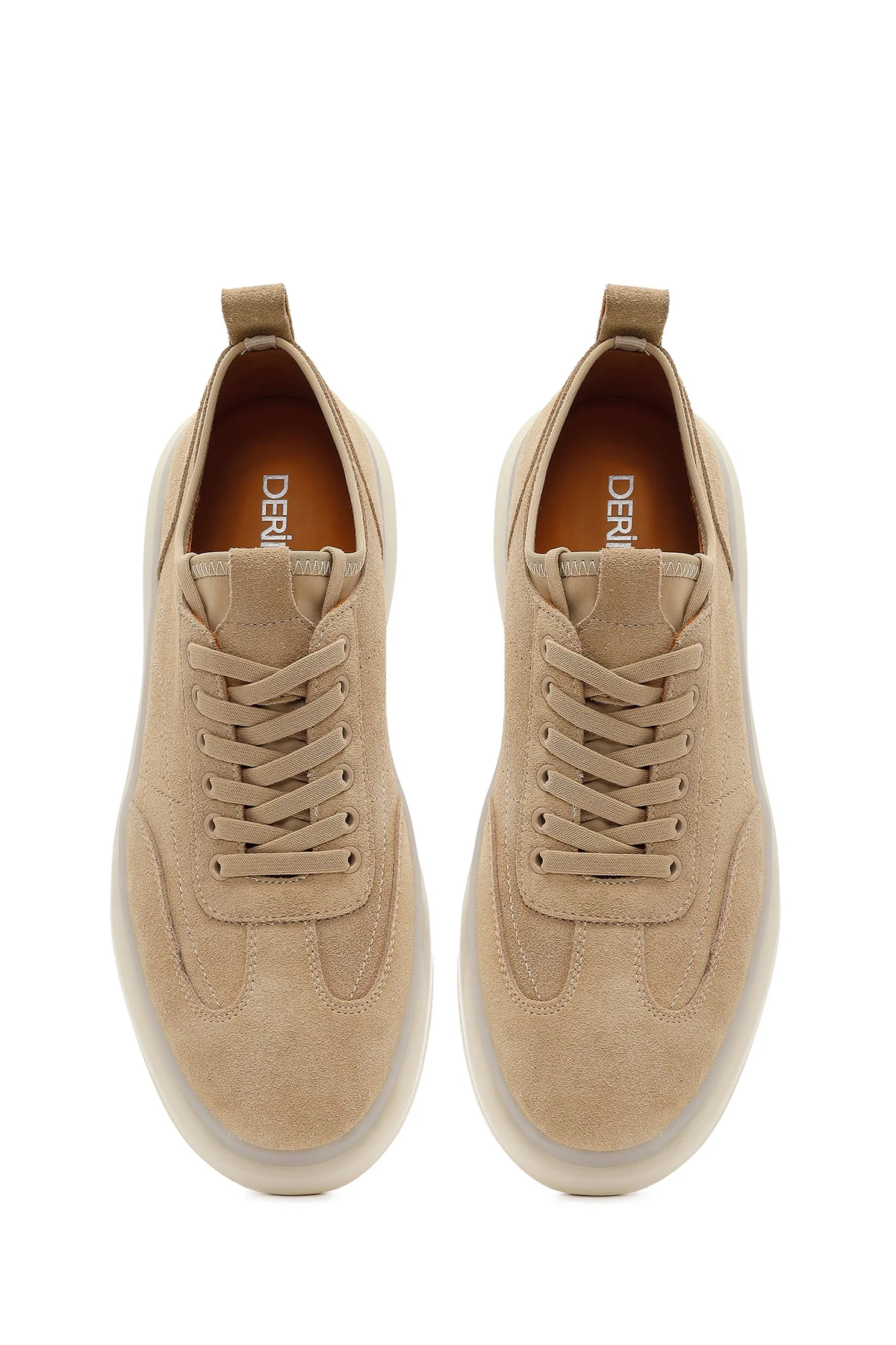 Erkek Bej Bağcıklı Kalın Tabanlı Süet Deri Sneaker - Image 4