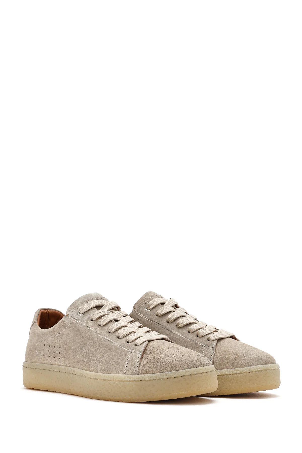 Erkek Bej Bağcıklı Kalın Tabanlı Süet Deri Sneaker - Image 2