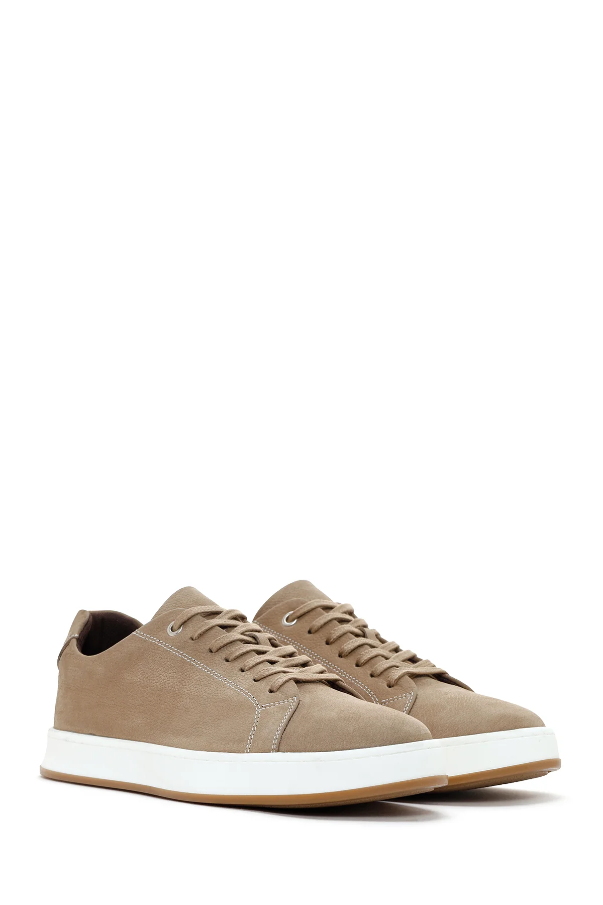 Erkek Bej Bağcıklı Nubuk Deri Sneaker - Image 3