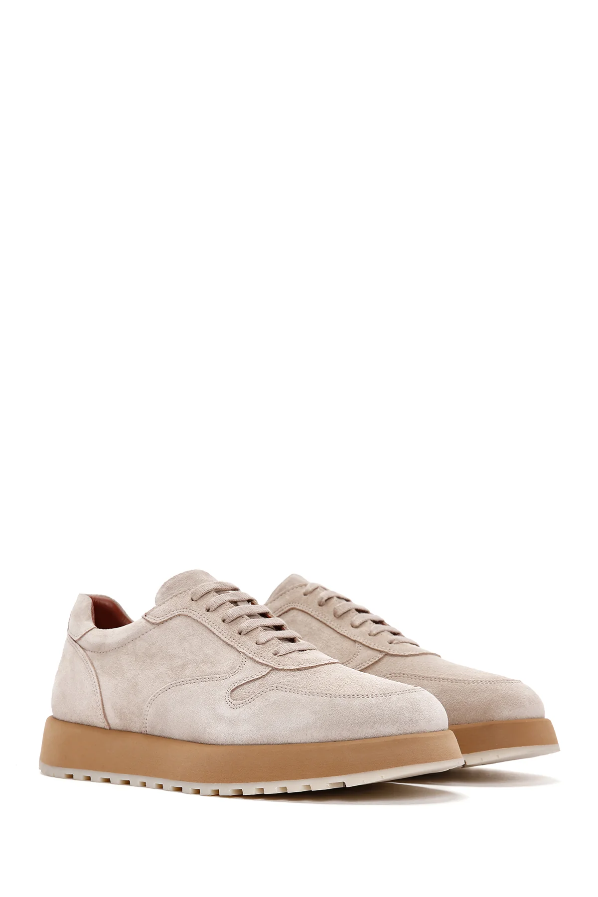 Erkek Bej Bağcıklı Süet Deri Casual Sneaker - Image 4